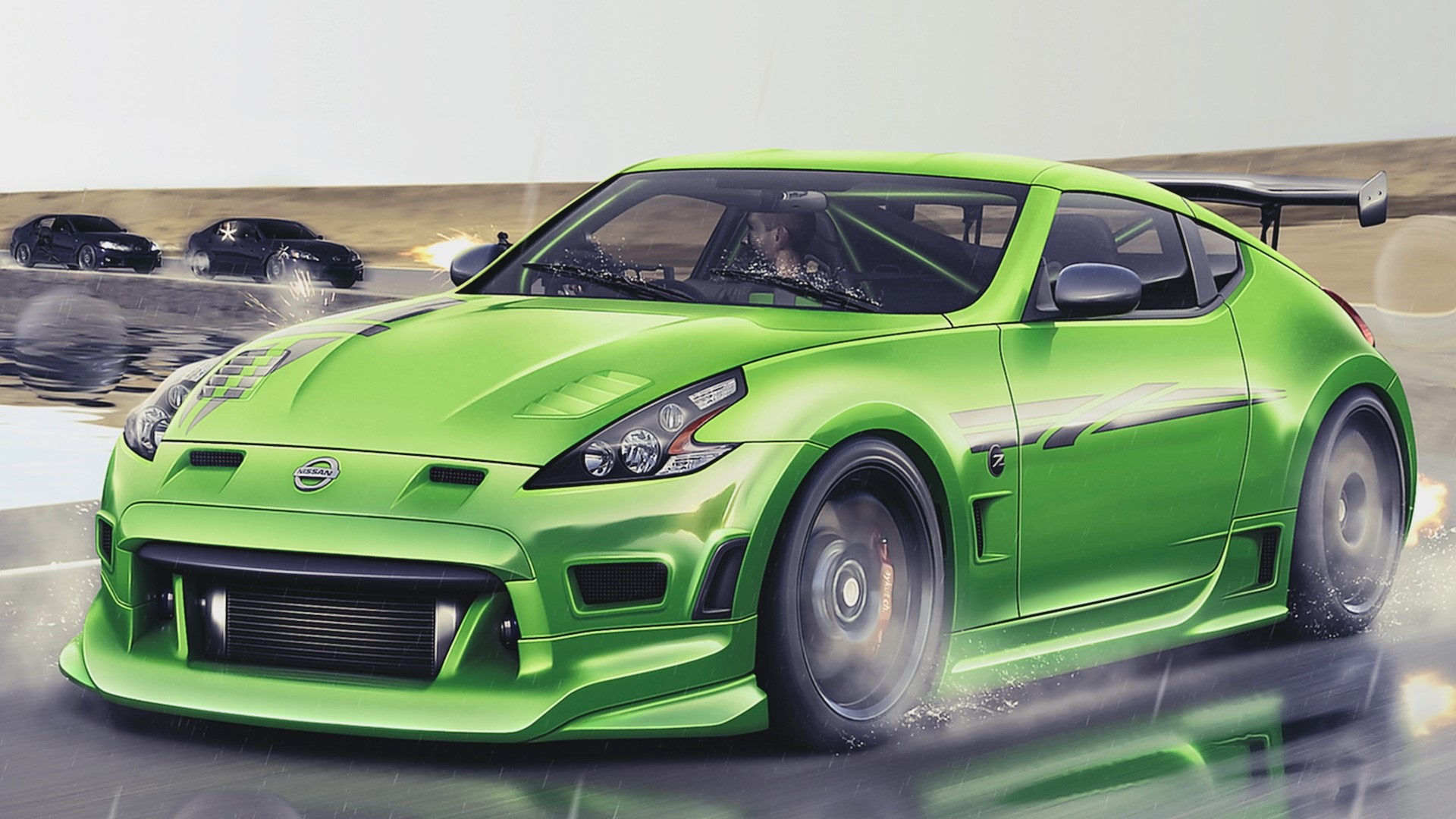 Green Nissan 370Z in a car chase HD Wallpaper
