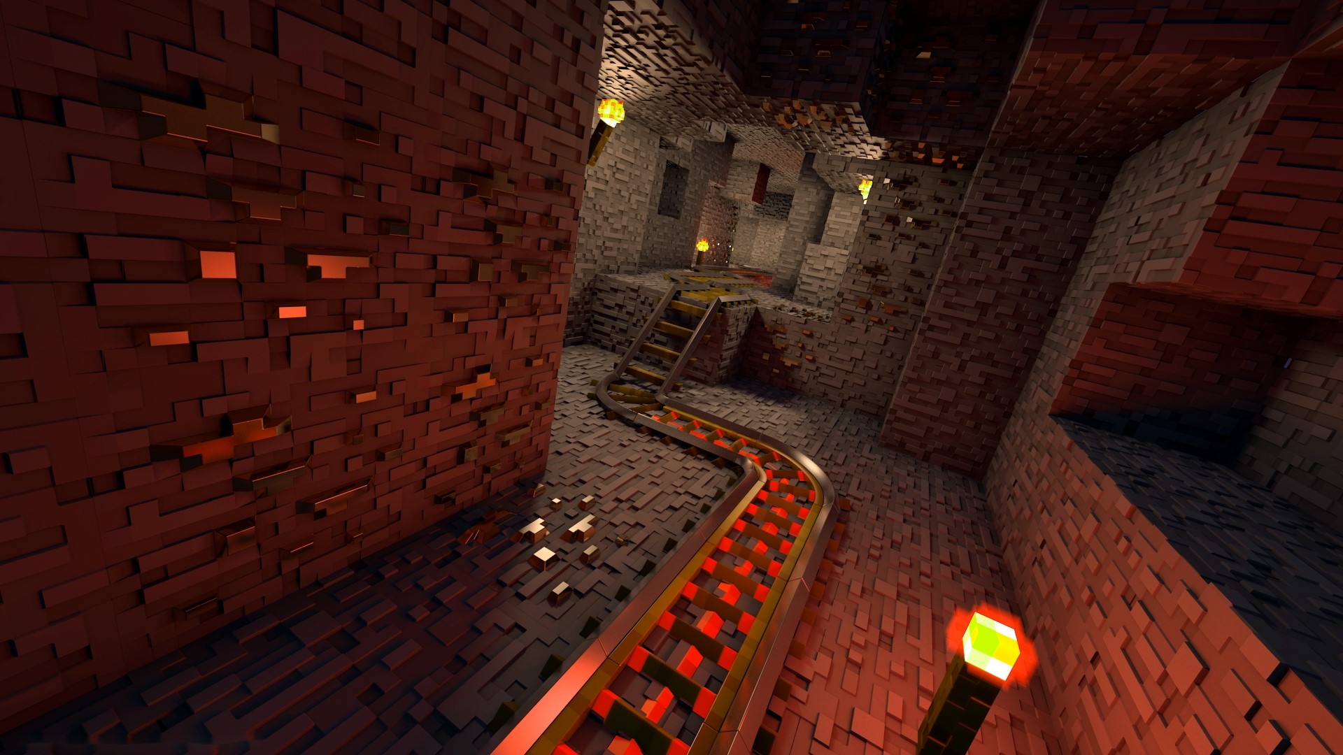 Minecart track in a blocky, red-lit cave HD Wallpaper
