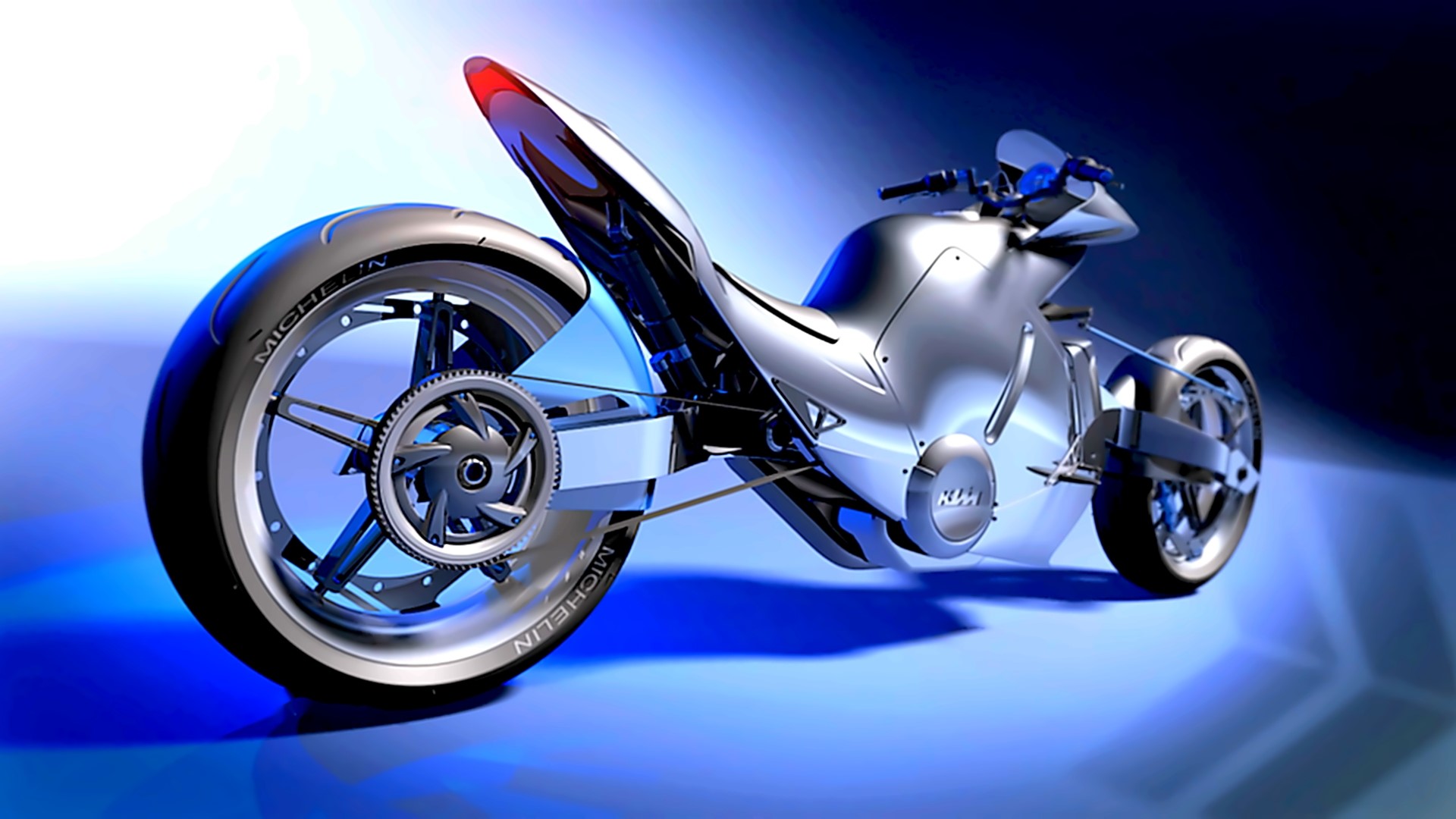 Futuristic silver KTM motorcycle with Michelin tires HD Wallpaper