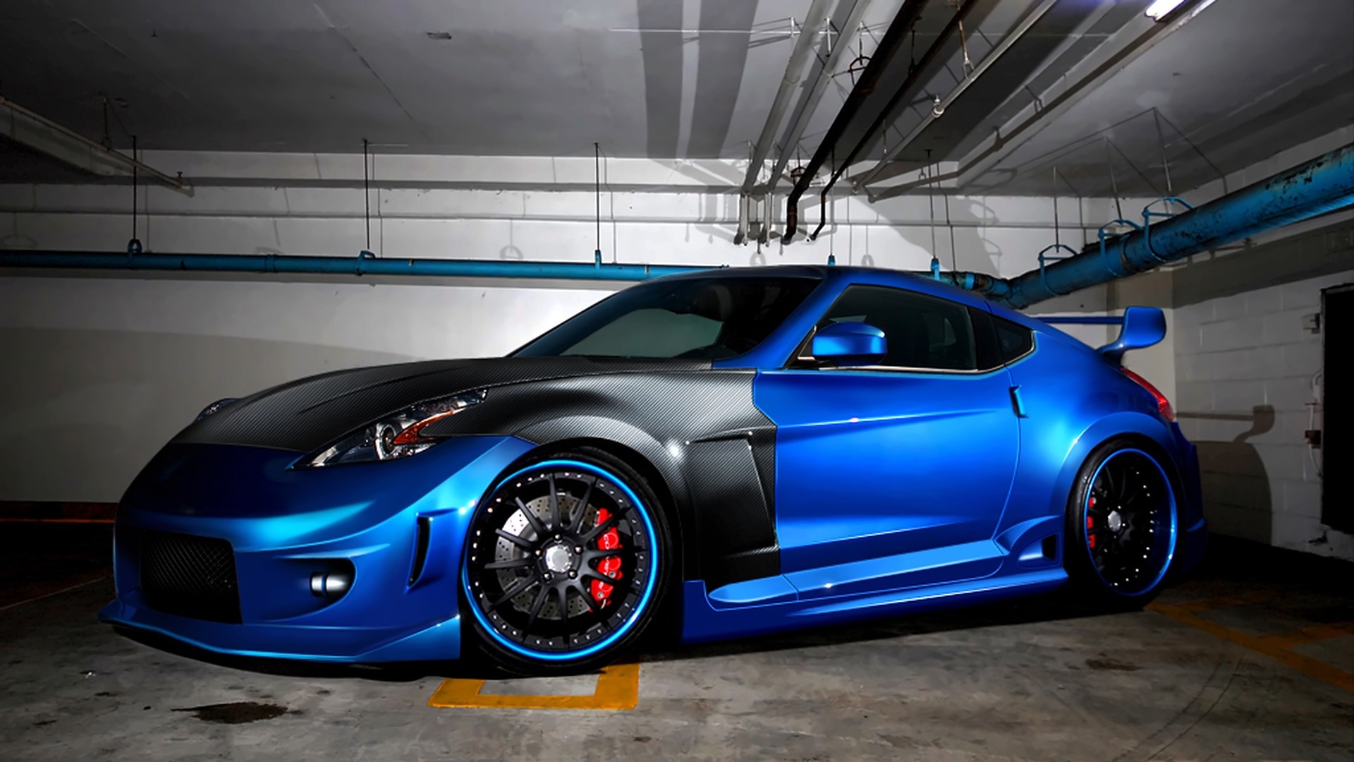 Blue Nissan 370z with carbon fiber hood HD Wallpaper
