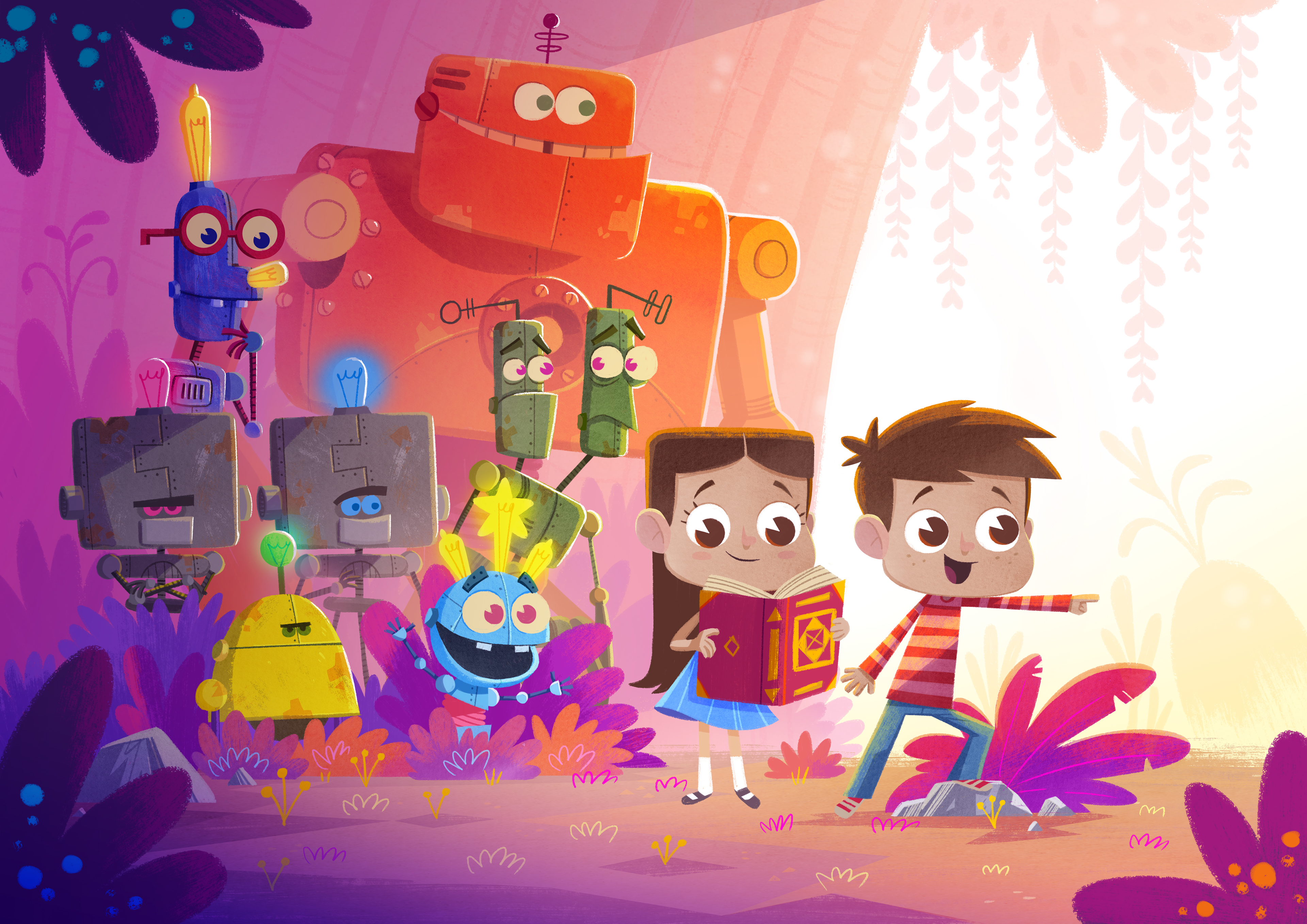 Children and Robots in a Colorful Illustration HD Wallpaper