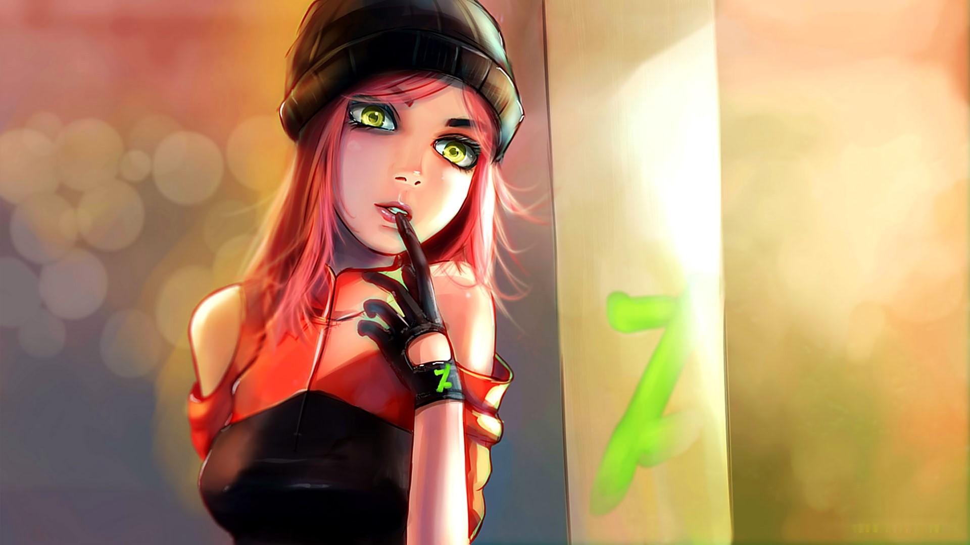 Girl with pink hair and green eyes wearing a beanie HD Wallpaper
