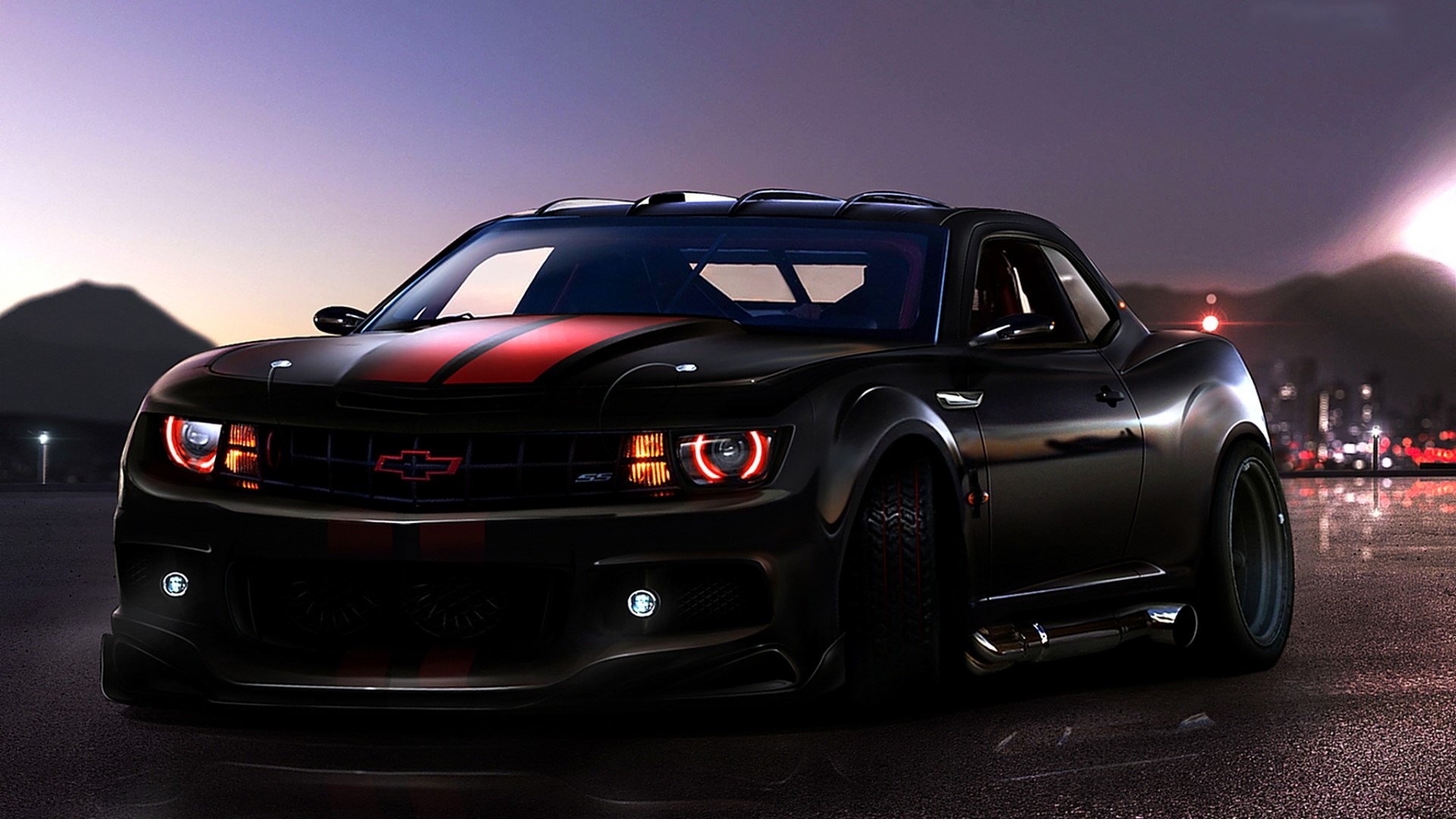 Black Chevrolet Camaro with red stripes HD Wallpaper