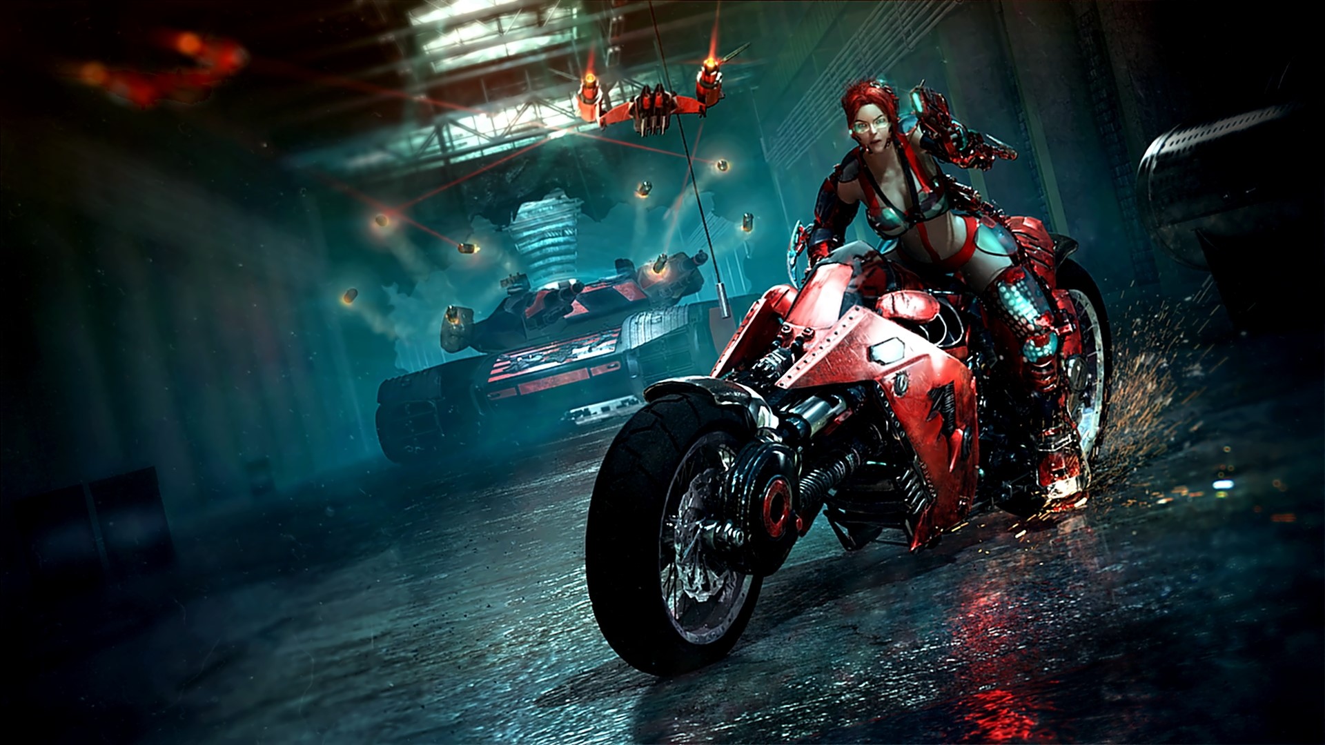 Woman on motorcycle in a futuristic chase HD Wallpaper