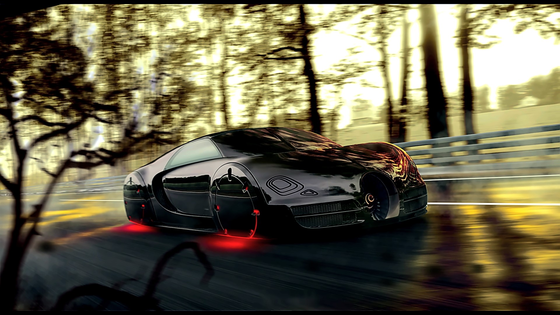 Black futuristic Bugatti driving on a wet road HD Wallpaper