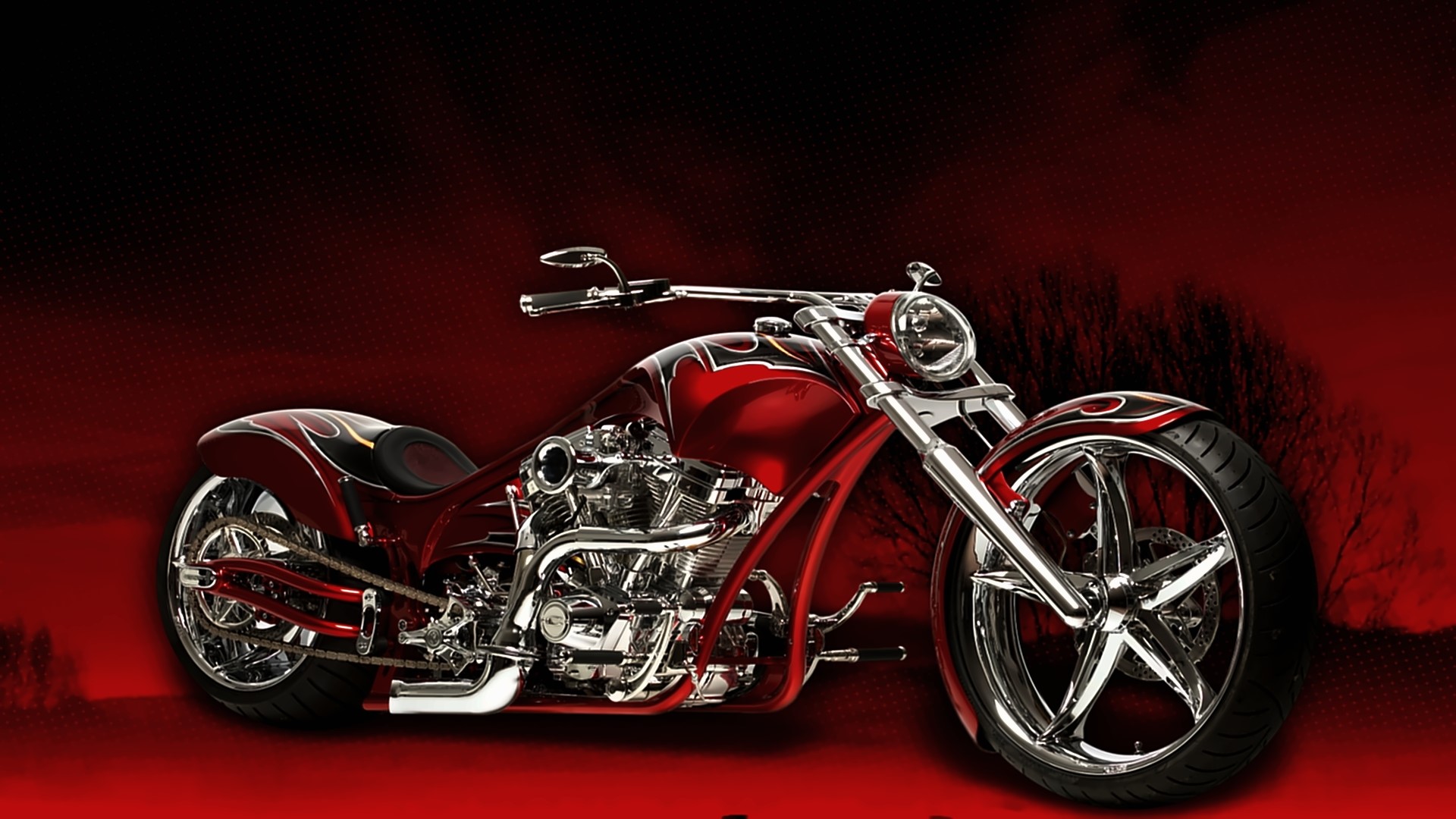 Red custom chopper motorcycle with flame details HD Wallpaper