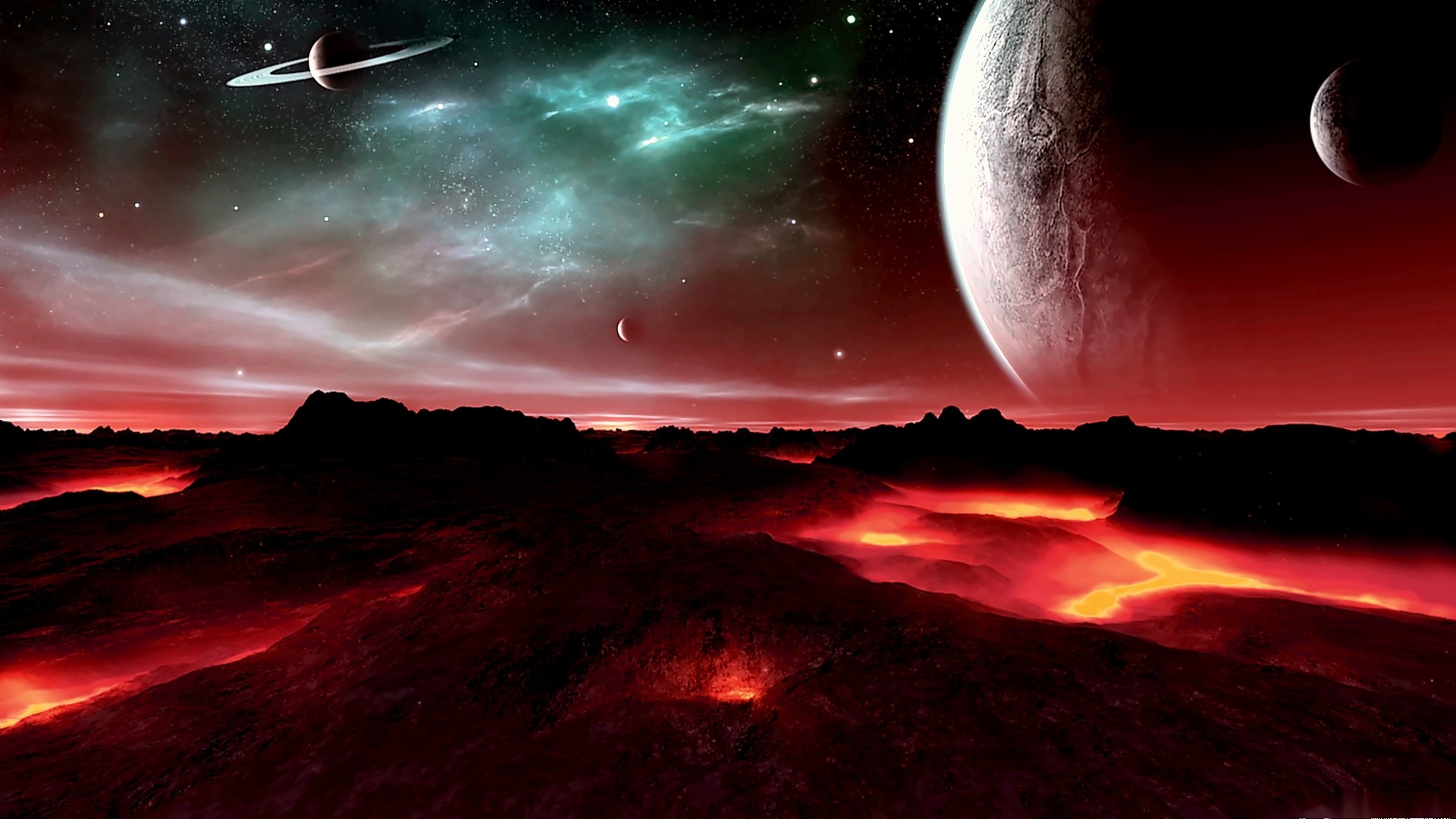 Alien Planet Landscape with Lava and Planets HD Wallpaper