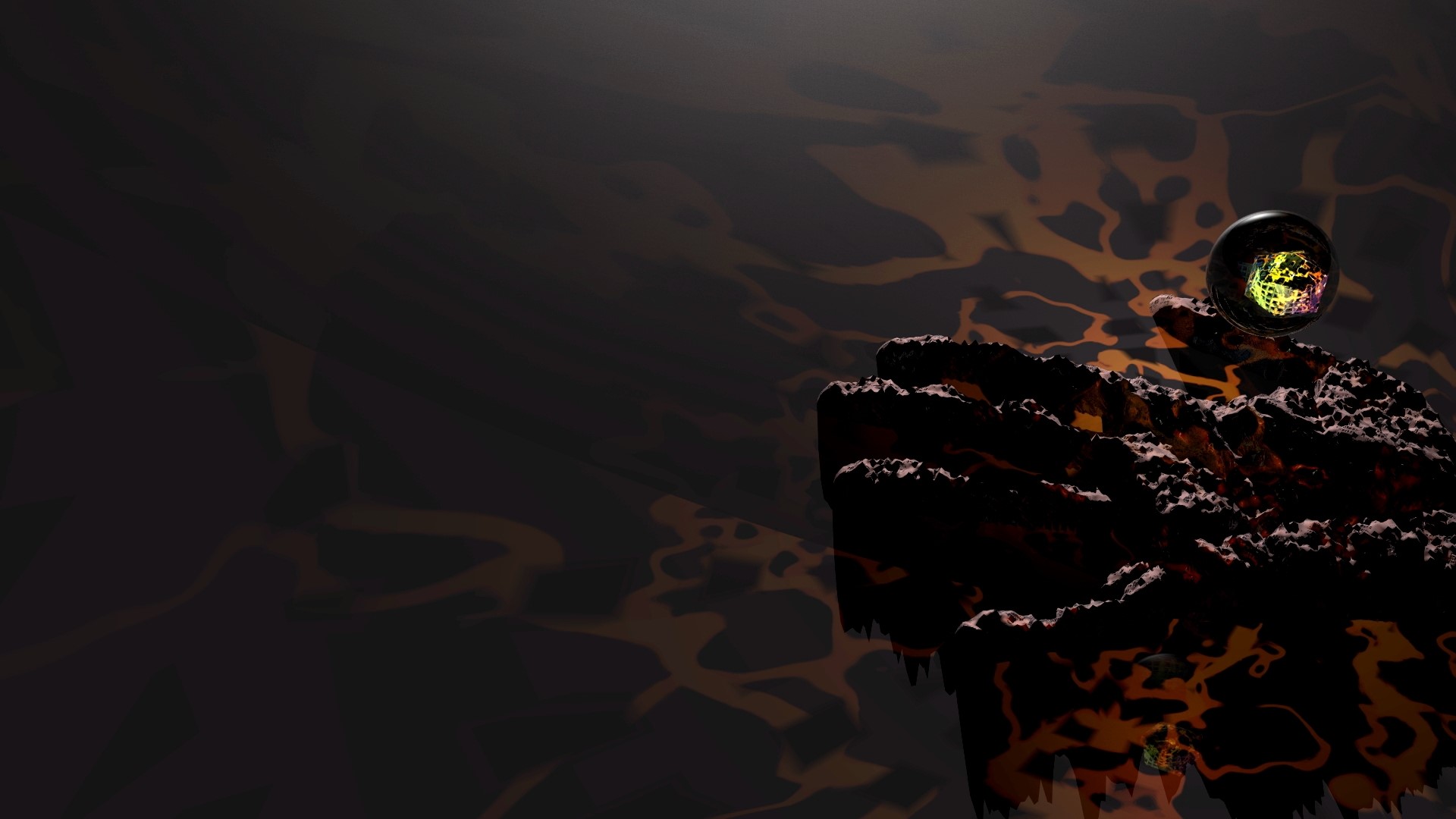 A dark, rocky planet with a glowing orb HD Wallpaper