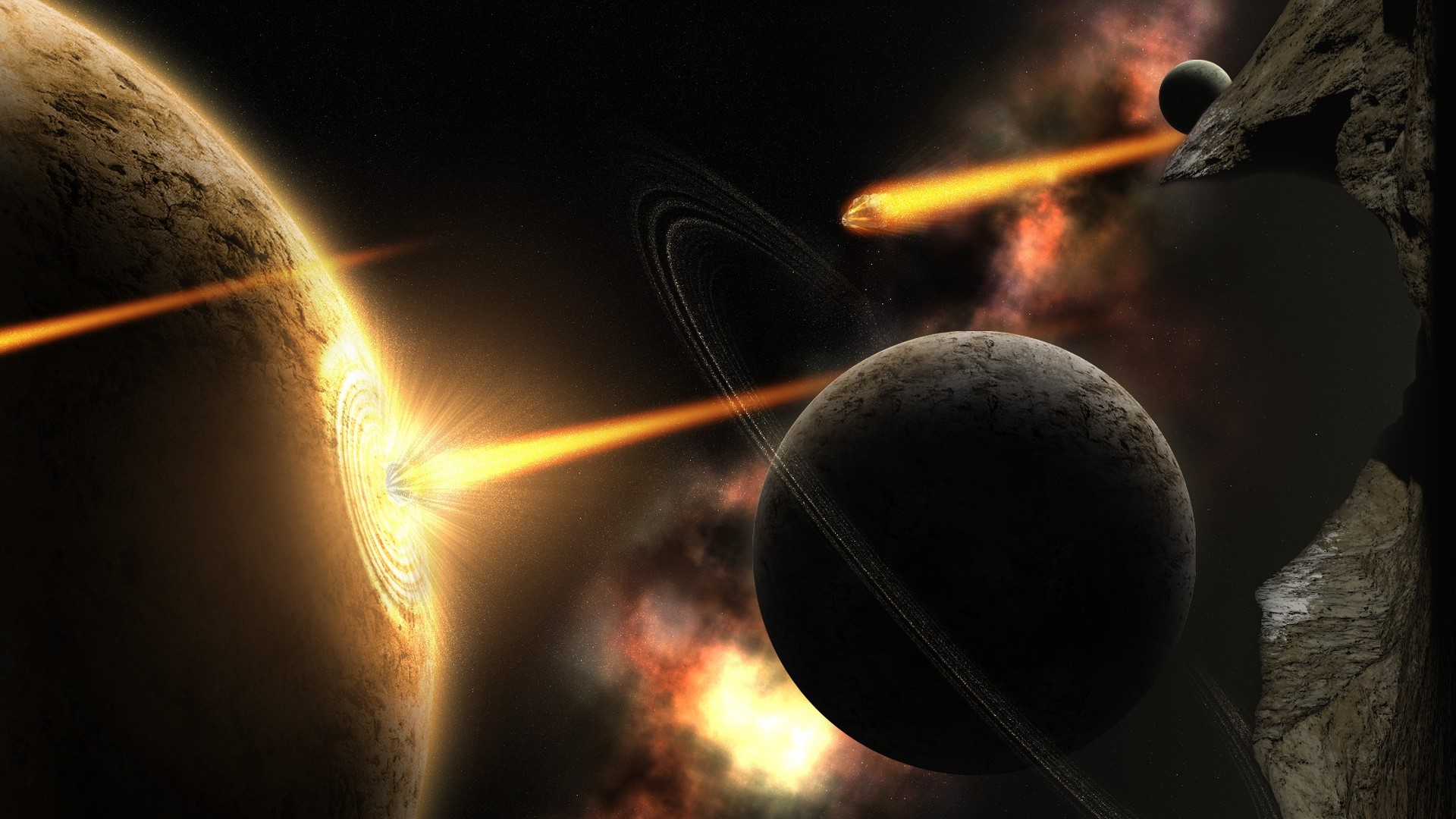 Planets and meteors in space HD Wallpaper