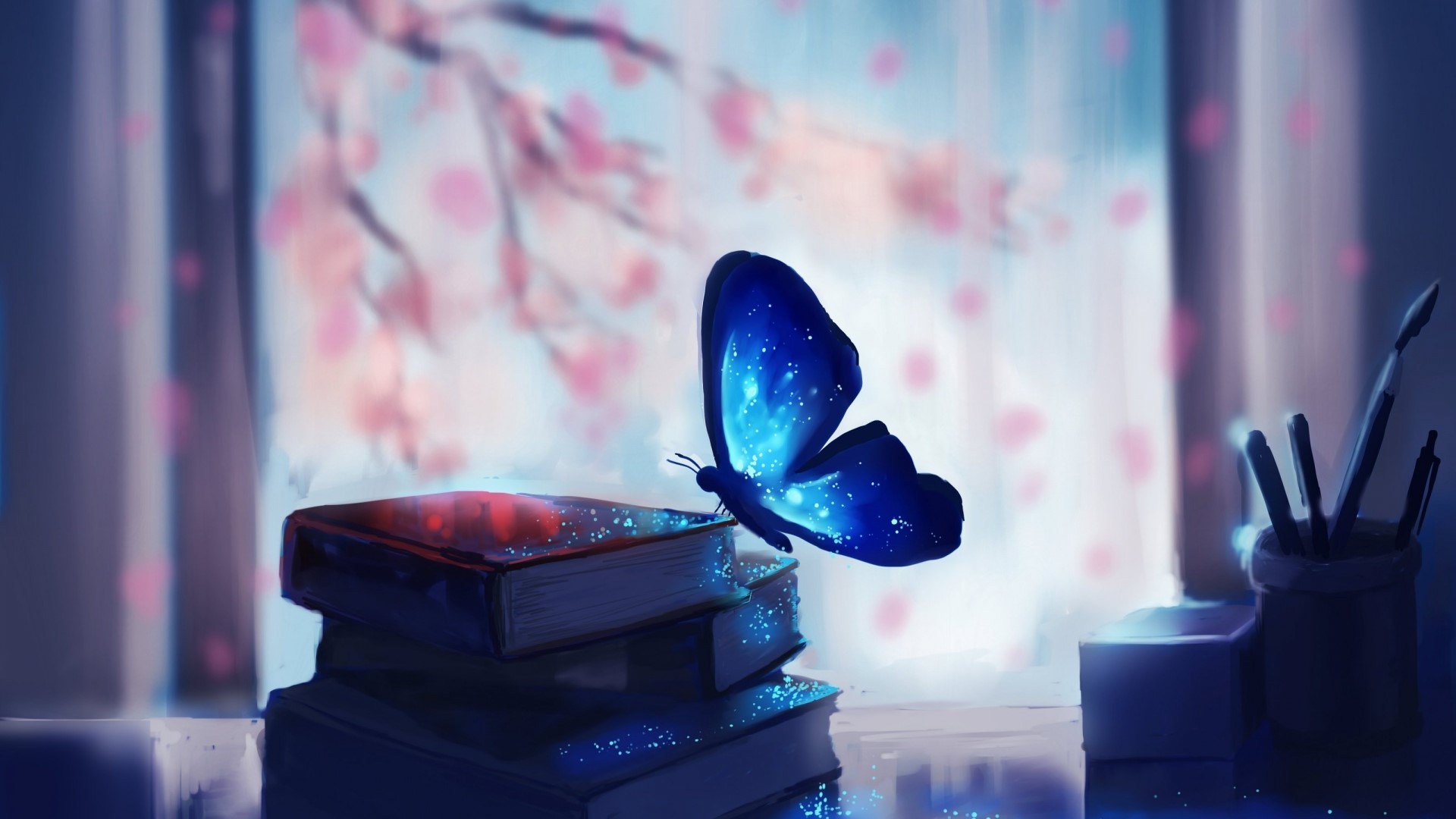 A glowing blue butterfly rests on a stack of books HD Wallpaper