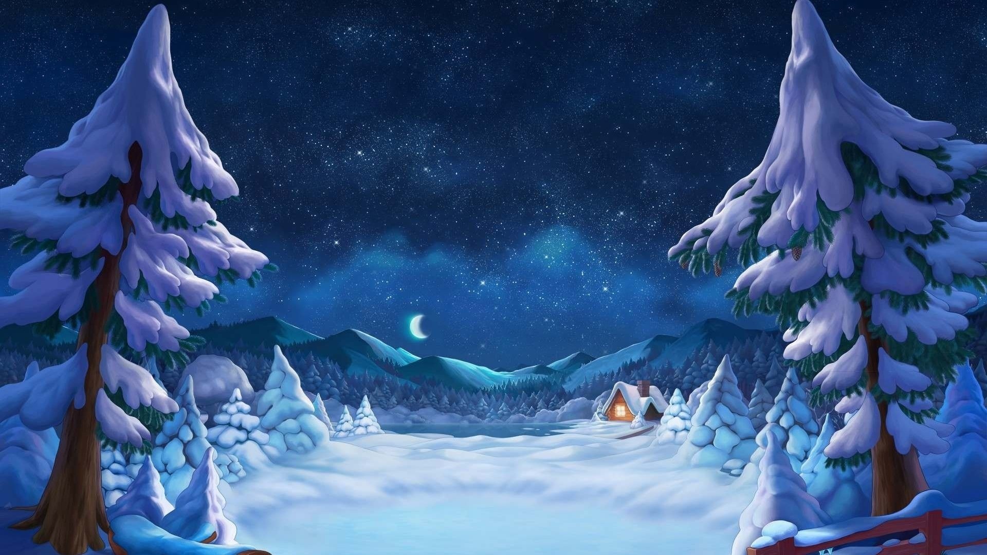 Winter Night Landscape with Snow-Covered Trees and Mountains HD Wallpaper