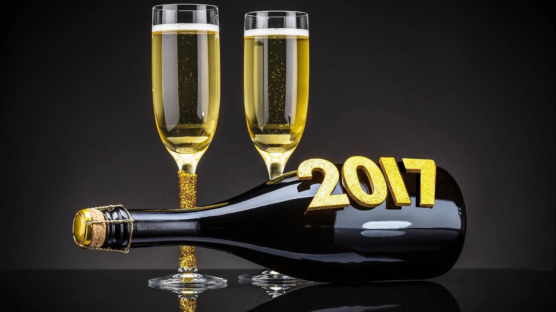 Champagne bottle and glasses with 2017 HD Wallpaper