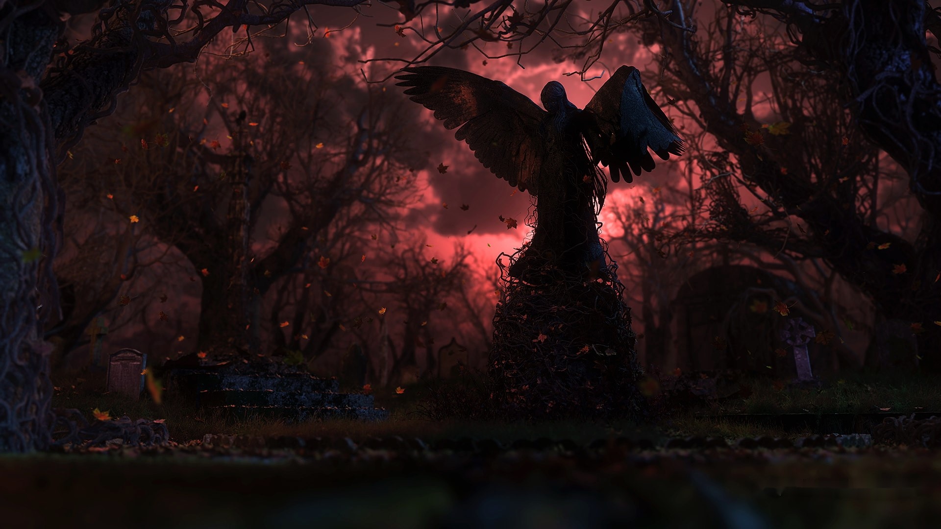Angel statue in a dark, spooky forest HD Wallpaper