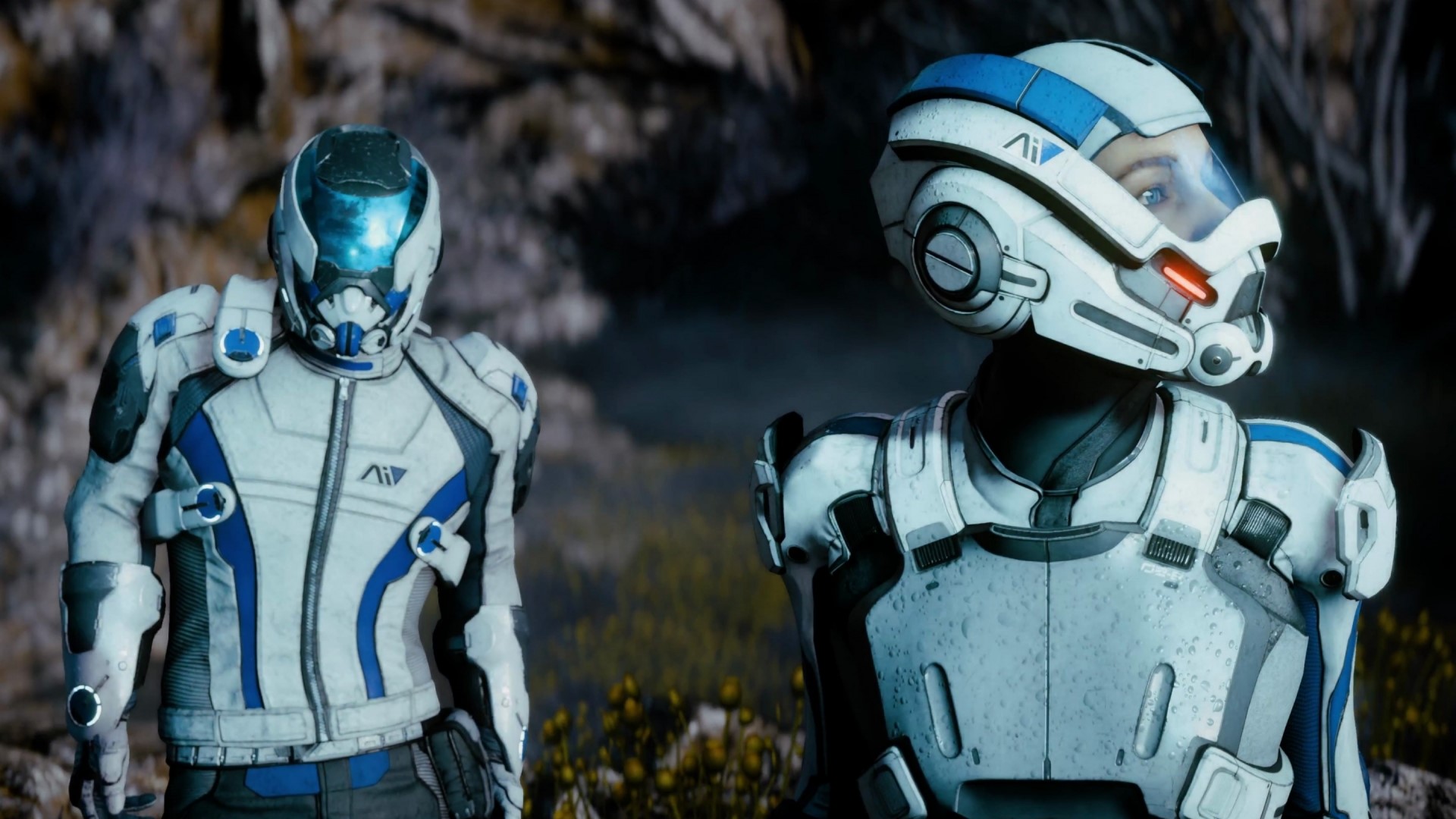 Two soldiers in futuristic armor in Mass Effect Andromeda HD Wallpaper