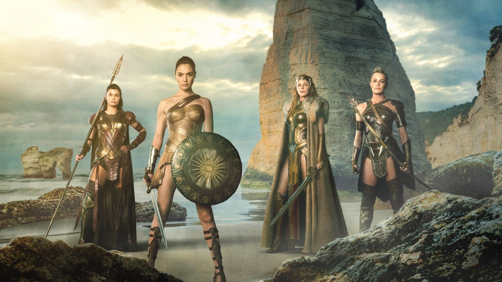 Wonder Woman and Amazon warriors on a beach HD Wallpaper
