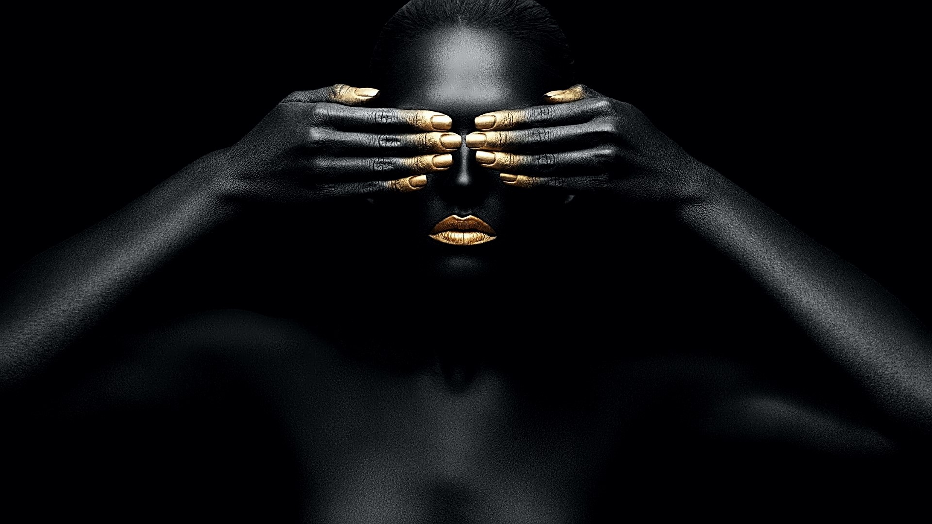 Woman with black skin and gold accents covering eyes HD Wallpaper