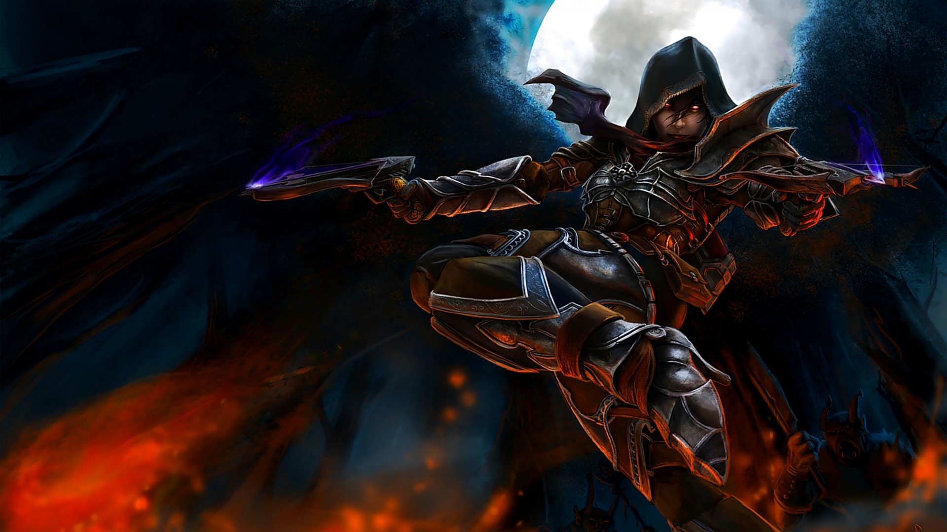 Hooded figure with guns in a jump HD Wallpaper