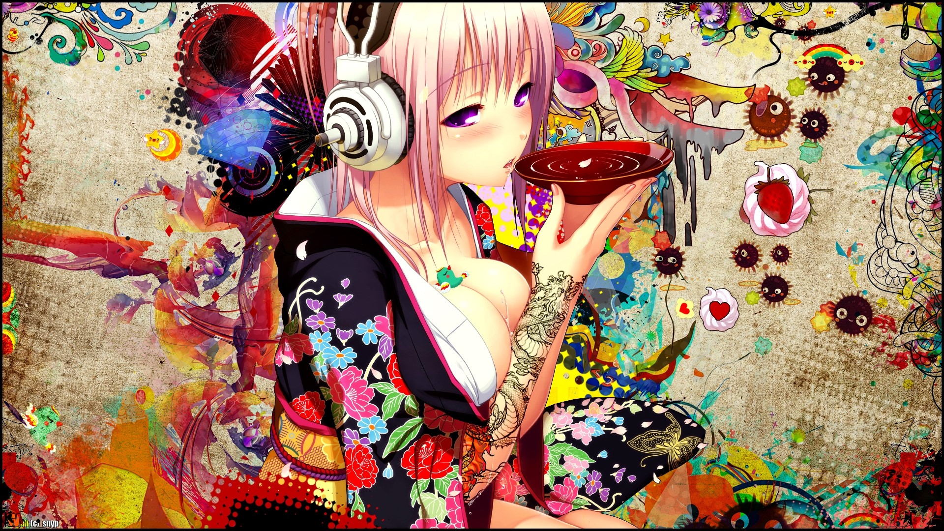 Anime girl with headphones and kimono drinking HD Wallpaper