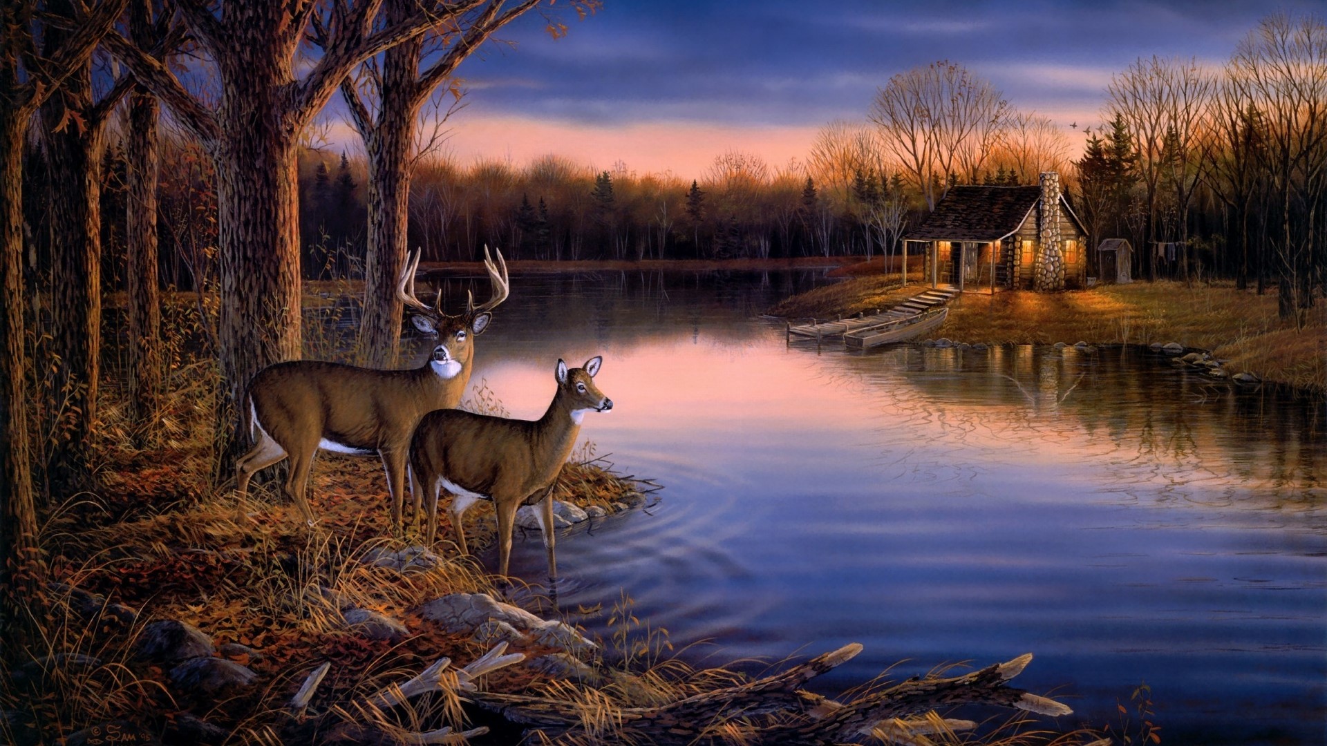 Deer by a Lake with Cabin at Dusk HD Wallpaper
