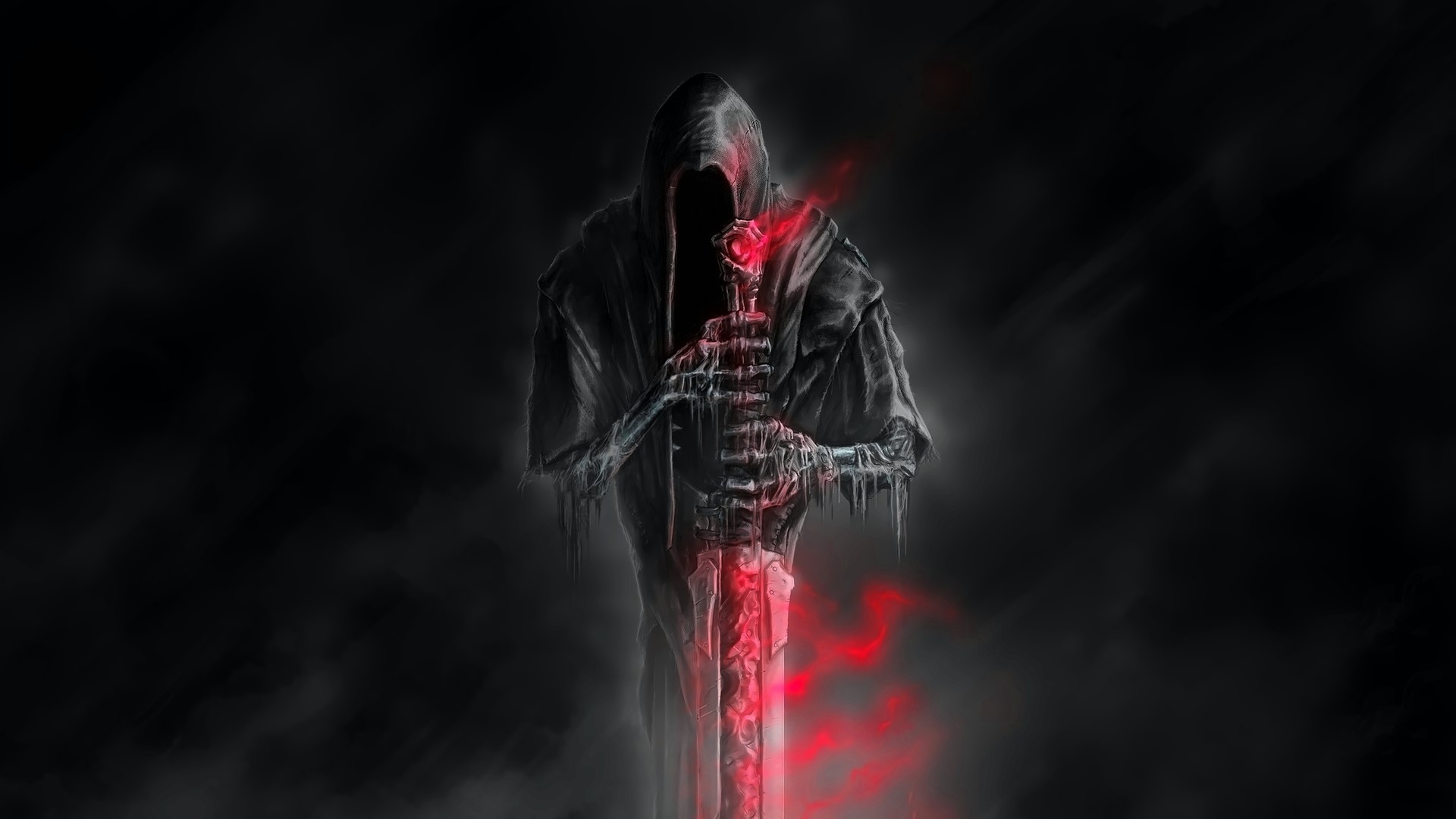 Grim Reaper holding a glowing sword HD Wallpaper