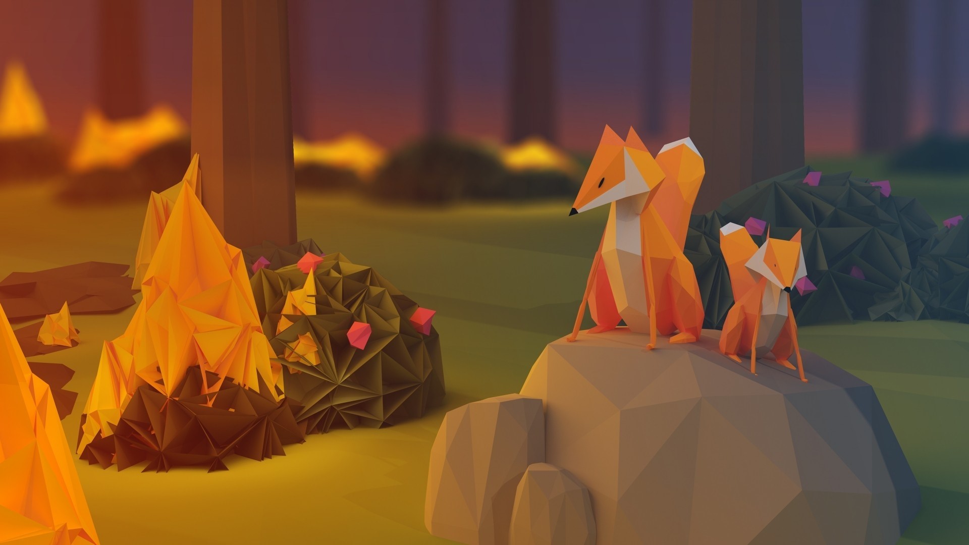 Low Poly Foxes in a Forest HD Wallpaper