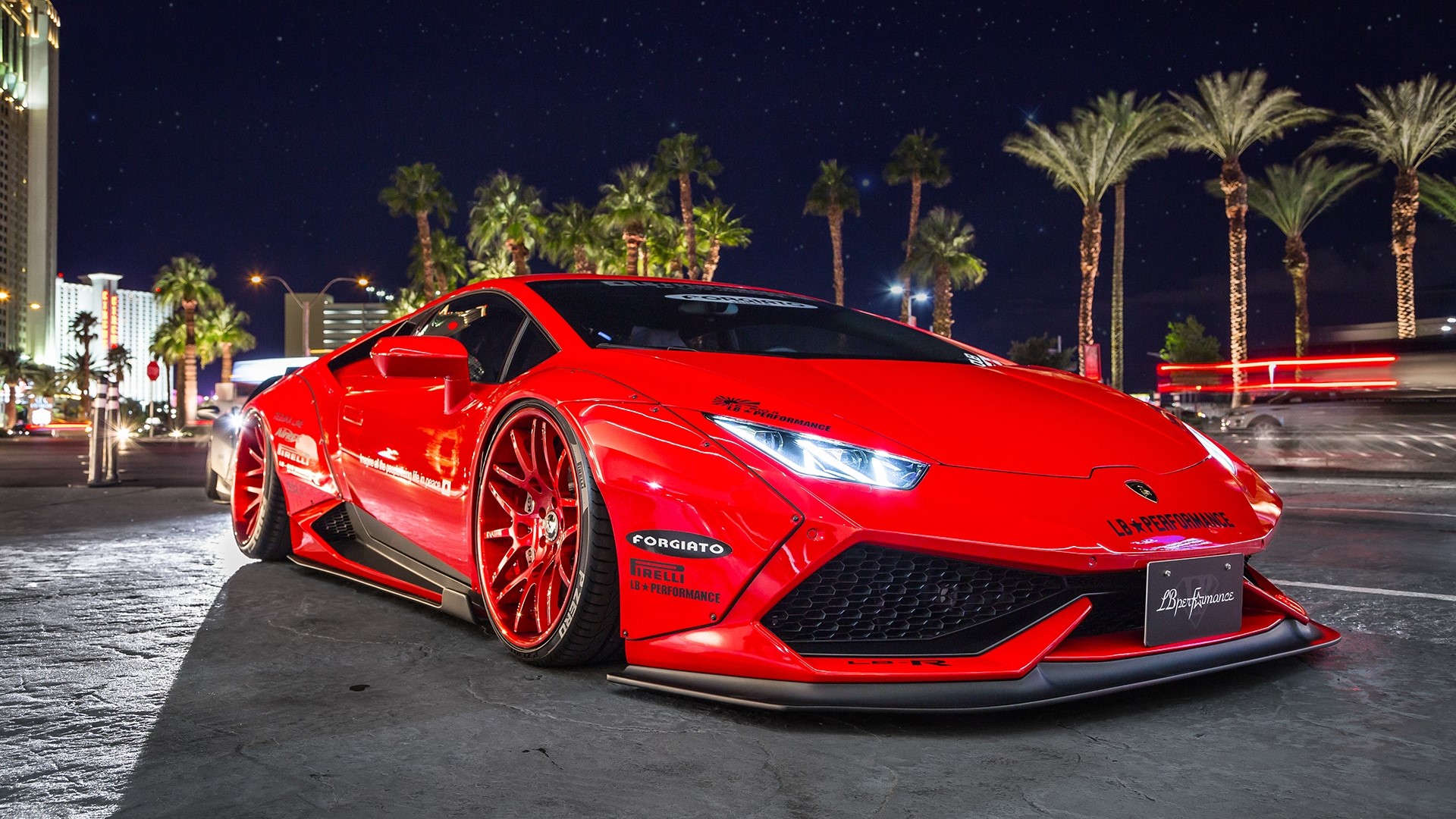 Red Lamborghini Huracan with custom wheels at night HD Wallpaper
