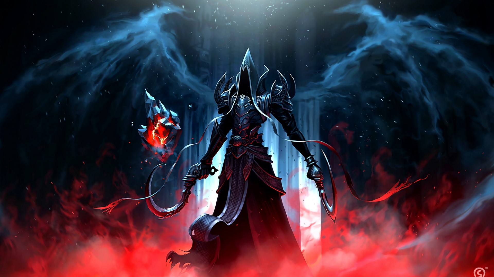 Demon with scythes and red crystal HD Wallpaper