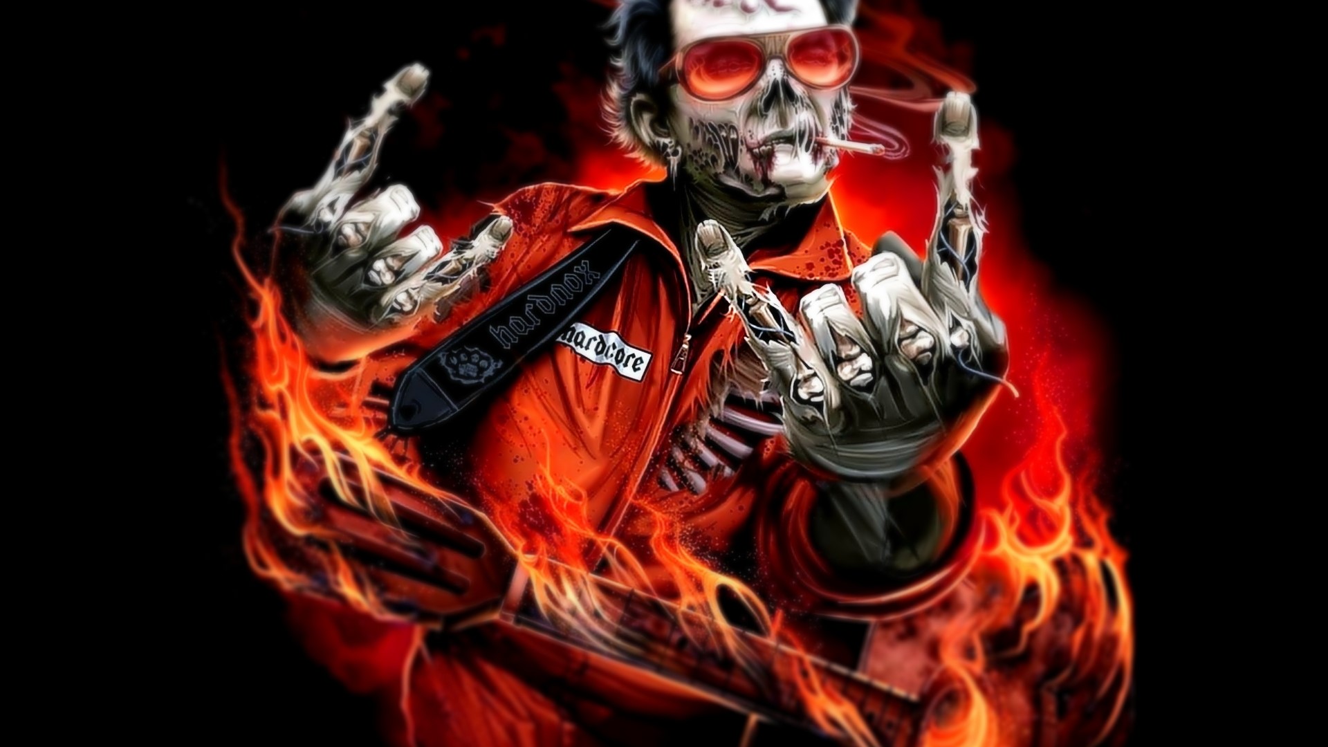 Skeleton playing guitar with flames HD Wallpaper