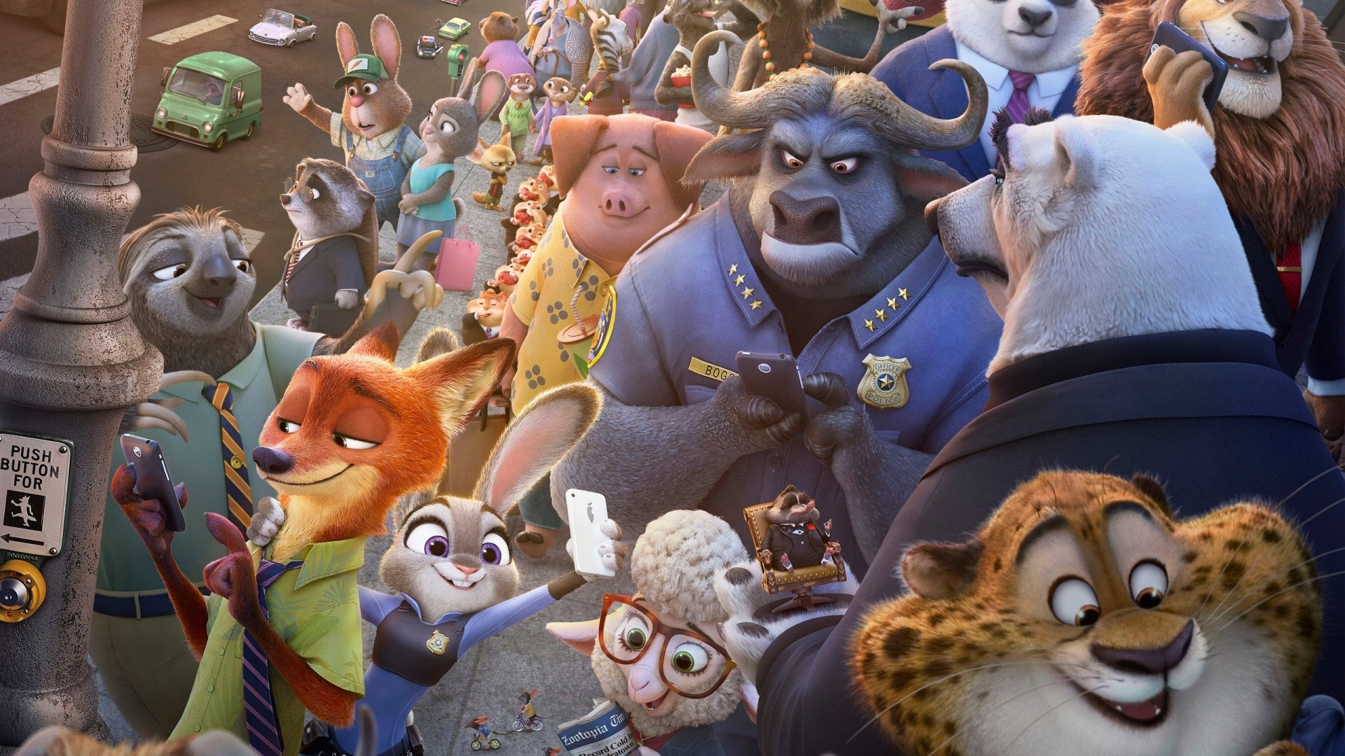 Zootopia characters in a busy street scene HD Wallpaper