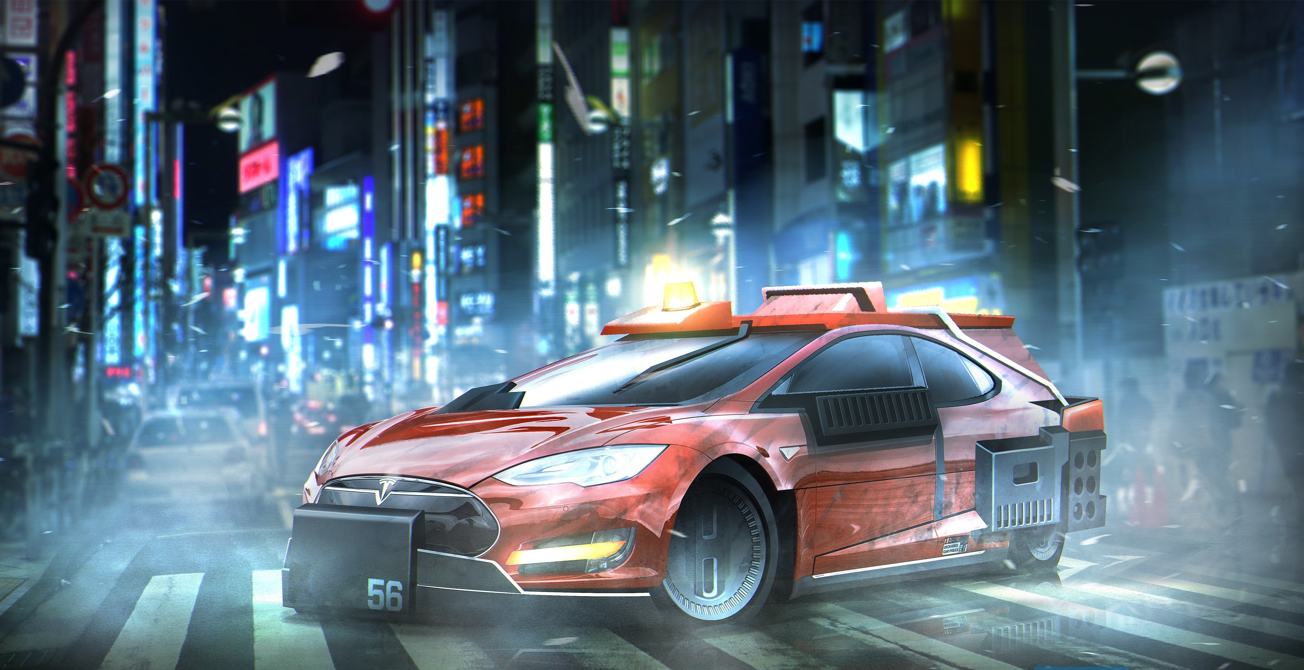 Tesla Model S in Blade Runner city, 4K HD Wallpaper