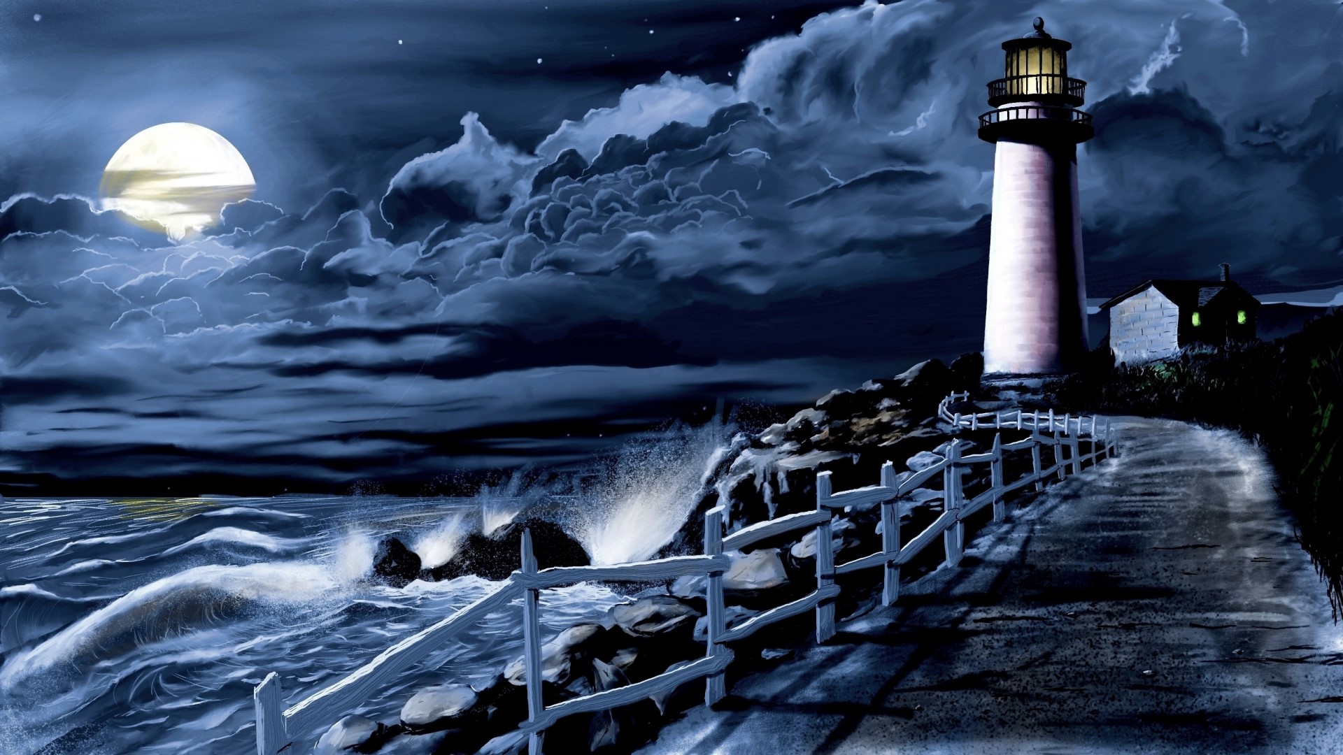 Lighthouse on a rocky coast at night HD Wallpaper