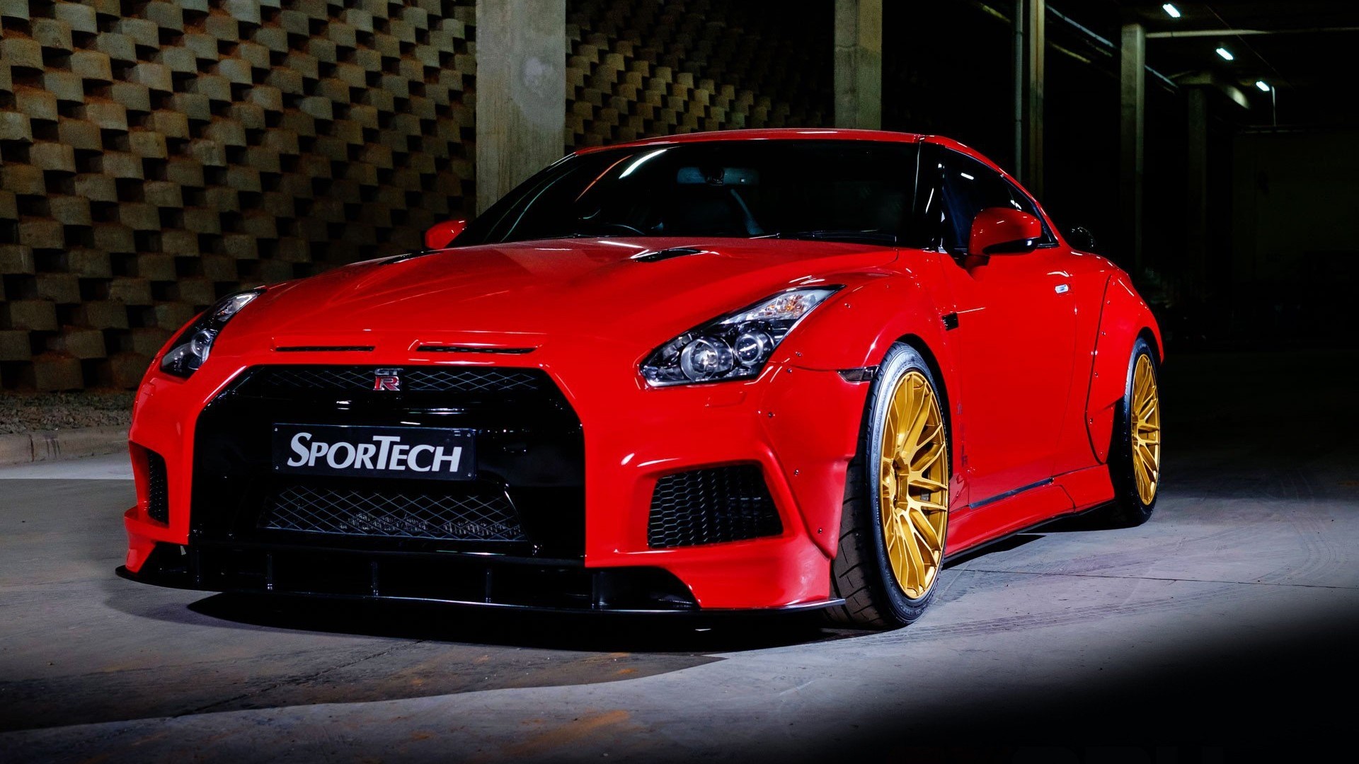 Red Nissan GT-R Sportech with Gold Wheels HD Wallpaper