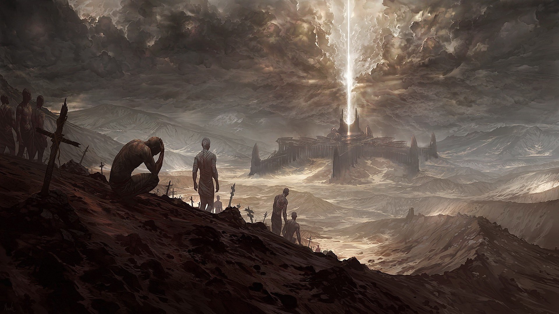 Figures in a desolate landscape with a beam of light HD Wallpaper