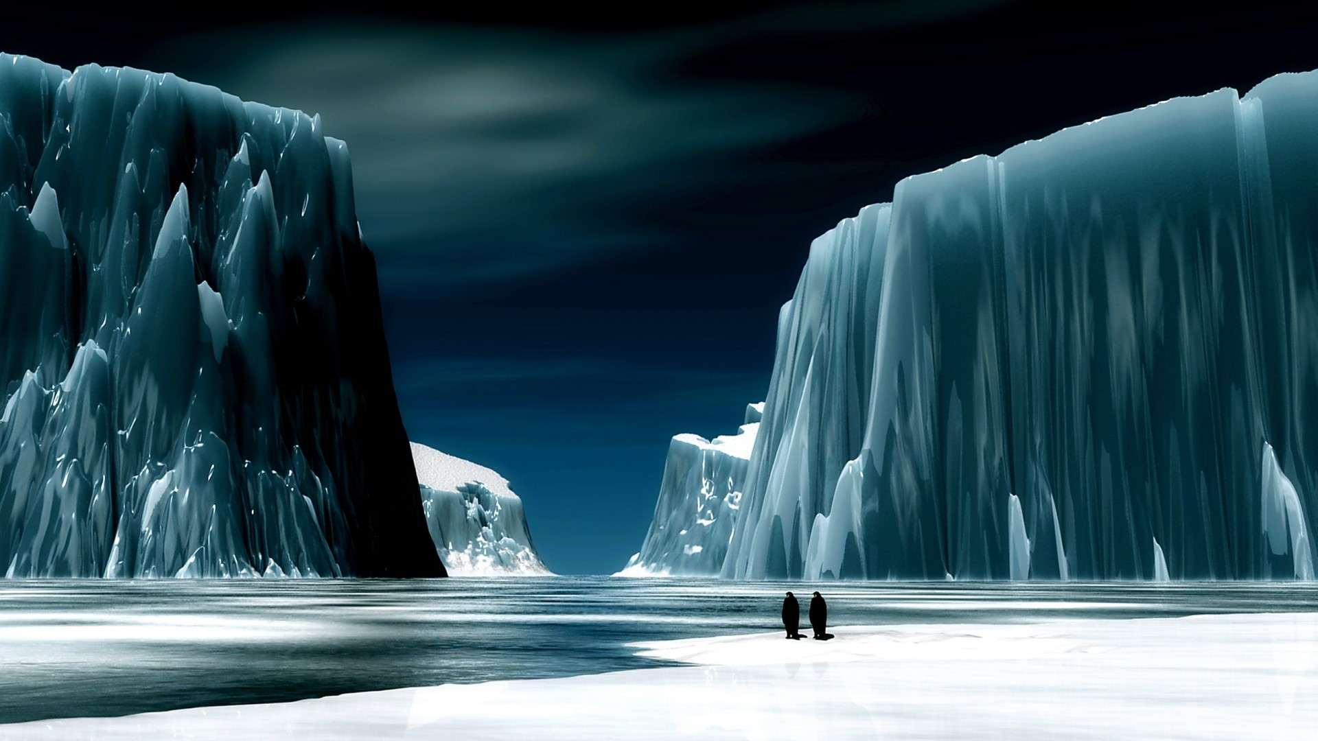 Two penguins on an icy landscape with icebergs HD Wallpaper