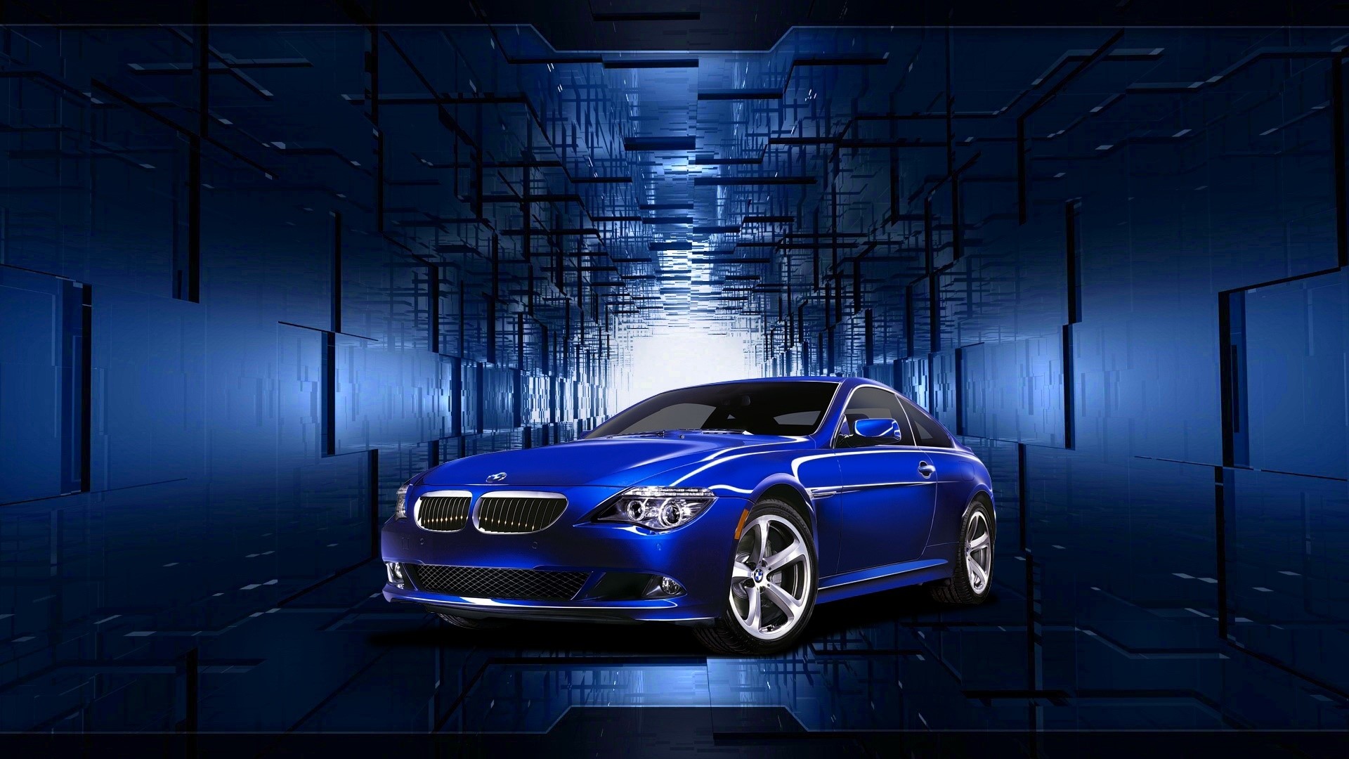 Blue BMW coupe in futuristic tunnel HD Wallpaper