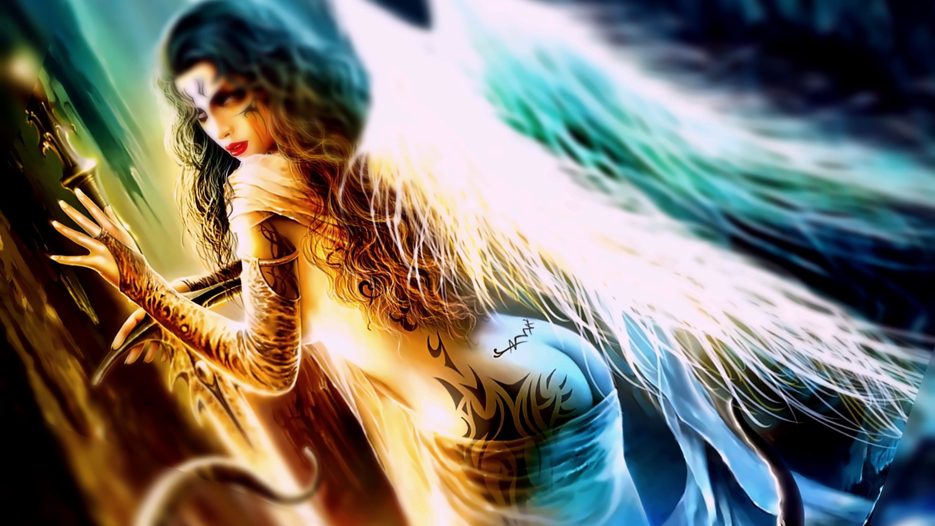 Angel with sword and tattoos HD Wallpaper
