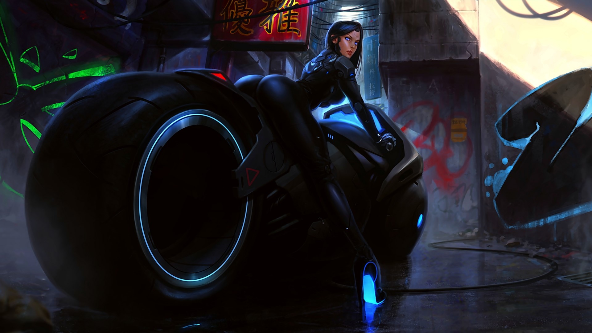 Woman in black suit on a futuristic motorcycle HD Wallpaper
