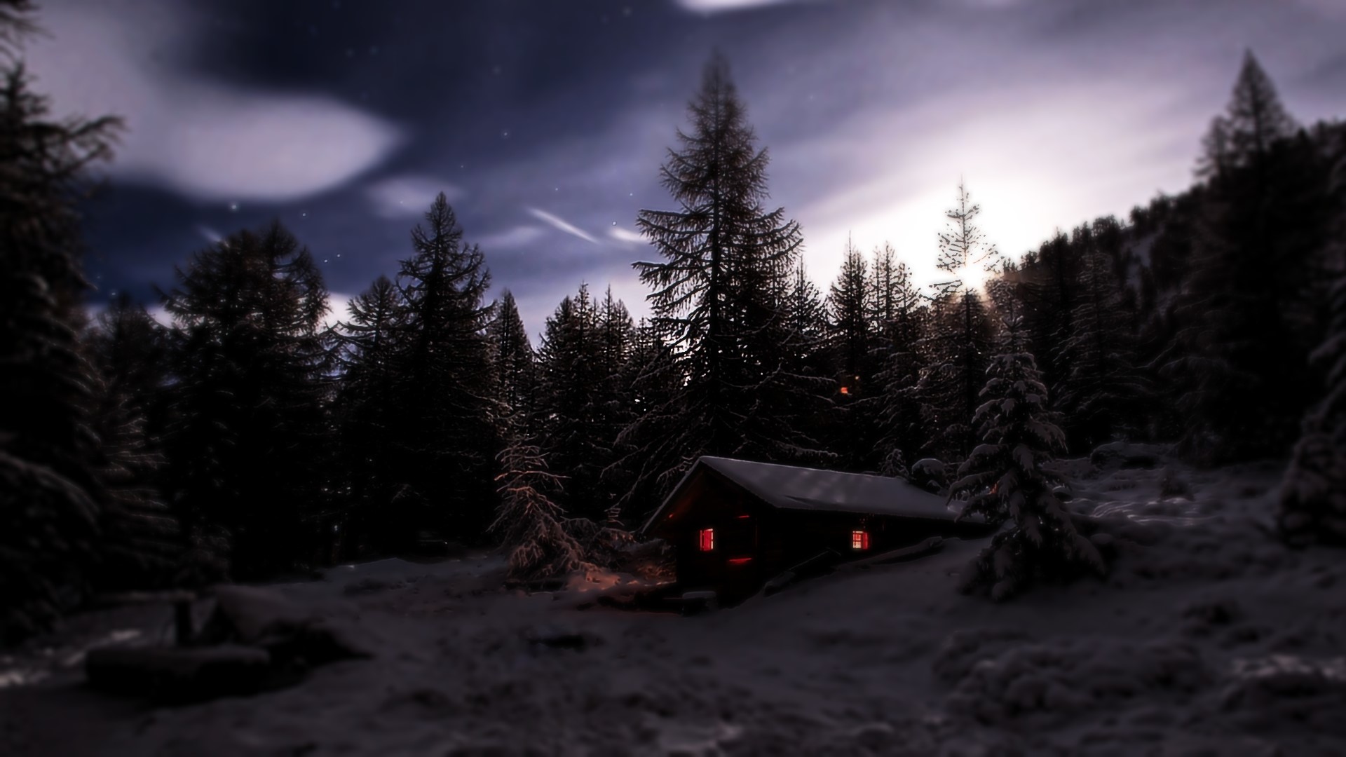 Winter forest cabin at night HD Wallpaper
