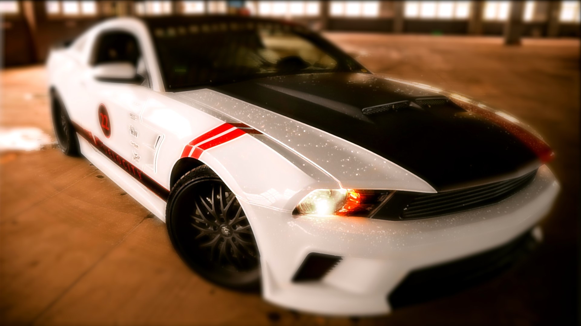 White Ford Mustang with Black Hood and Red Stripes HD Wallpaper