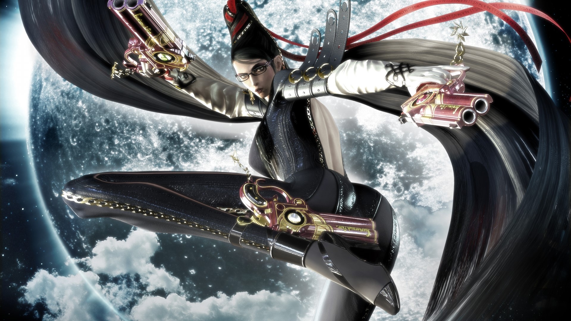 Bayonetta with guns in front of the moon HD Wallpaper