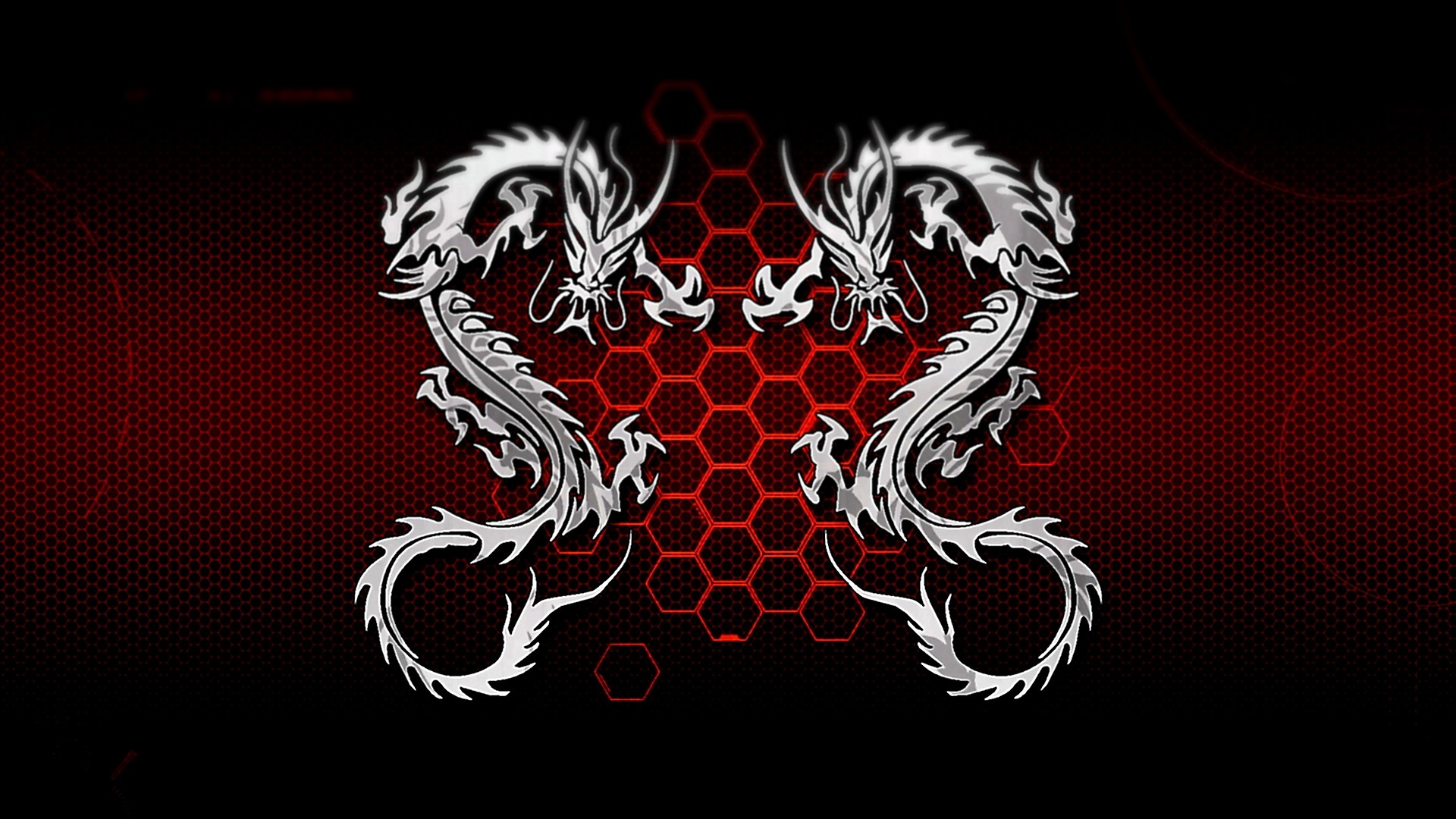 Four Cyber Dragons on Red Hexagonal Background HD Wallpaper
