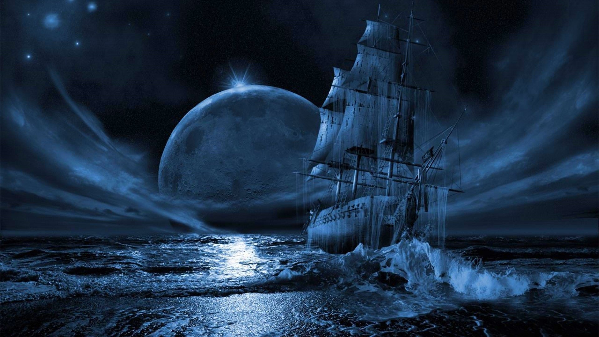 Sailboat on a stormy sea under a large moon HD Wallpaper