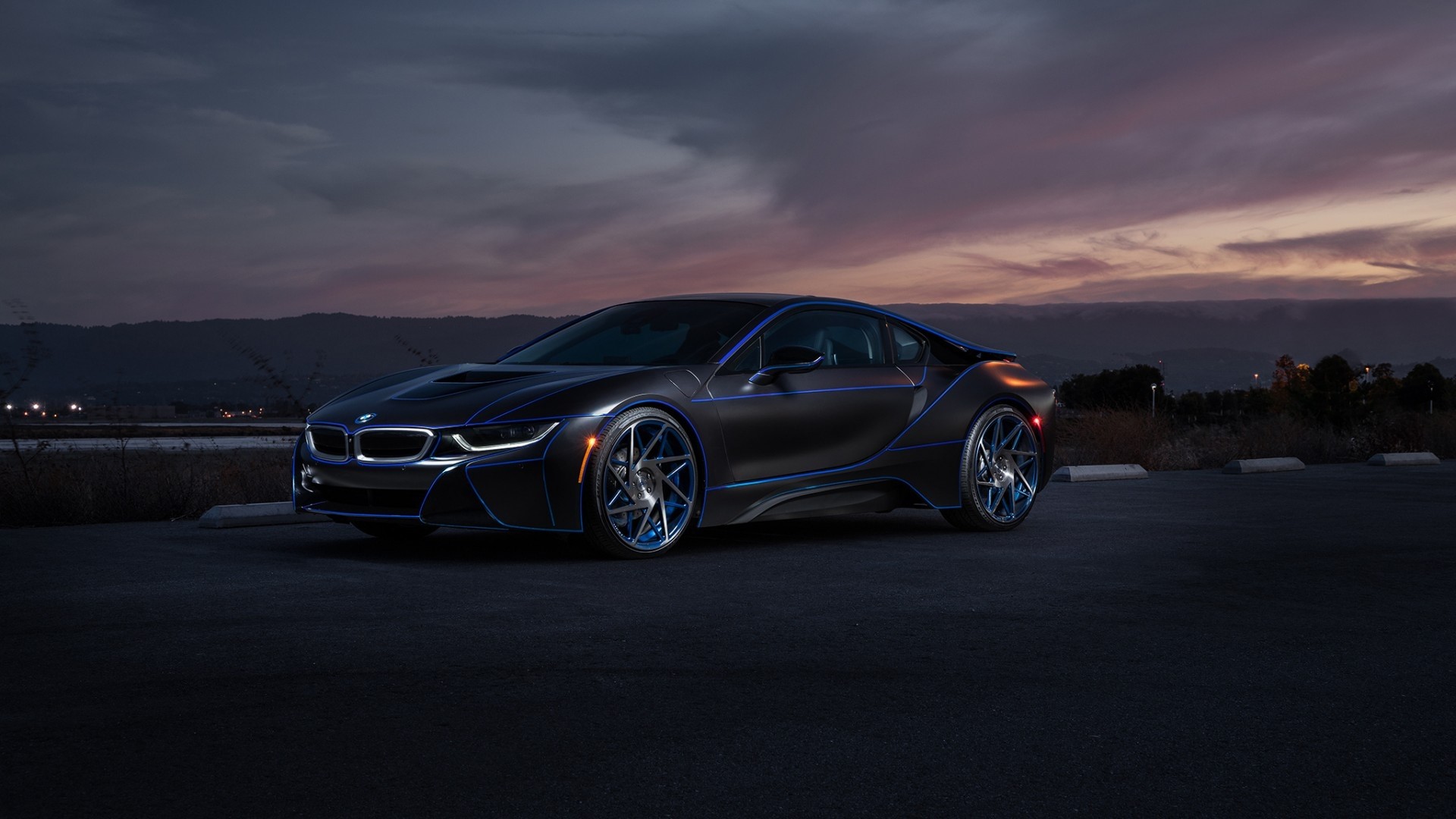 BMW i8 Aristo with blue accents at dusk HD Wallpaper