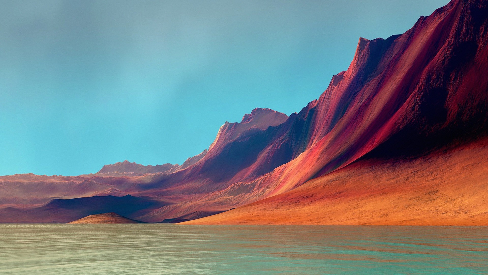 Red mountains and lake under blue sky HD Wallpaper