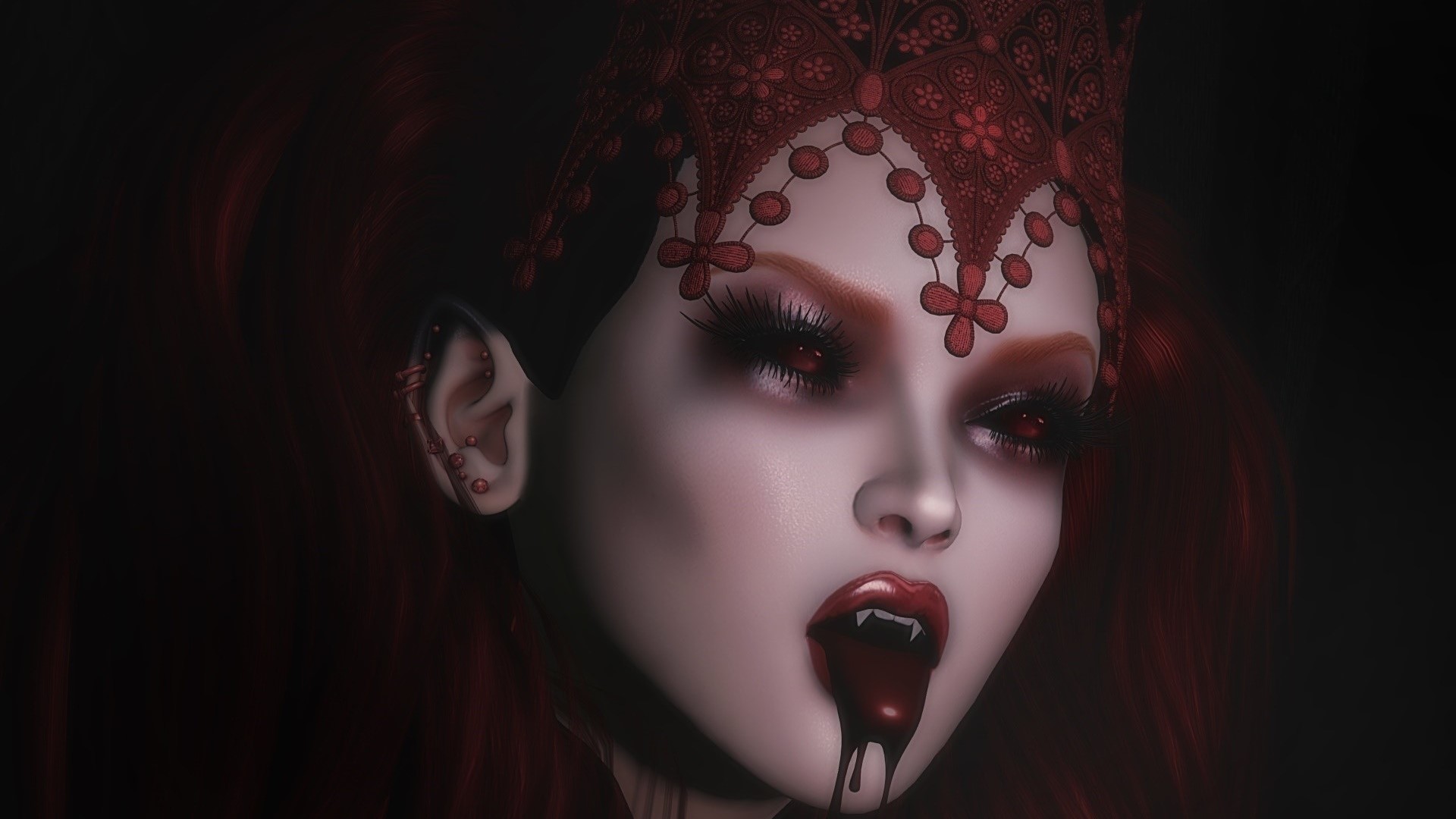 Vampire with red crown and fangs HD Wallpaper