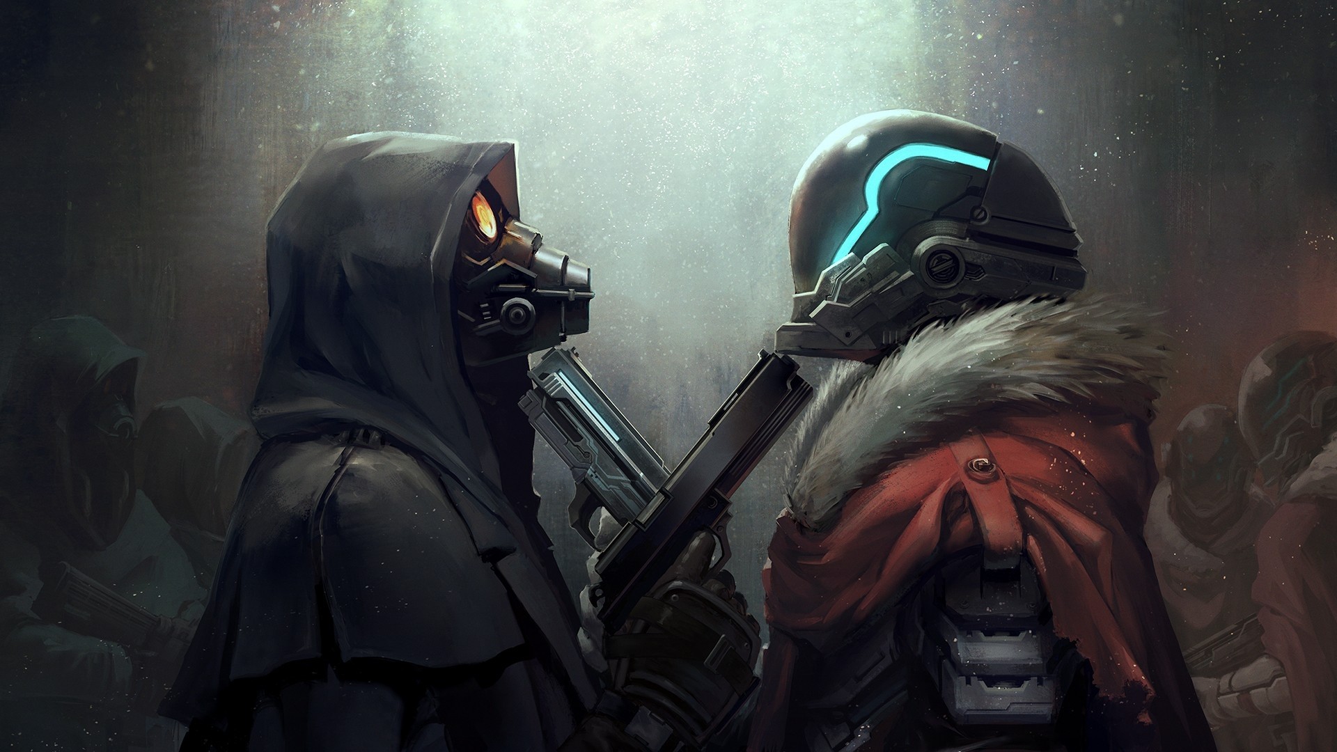 Two figures in futuristic armor holding guns HD Wallpaper