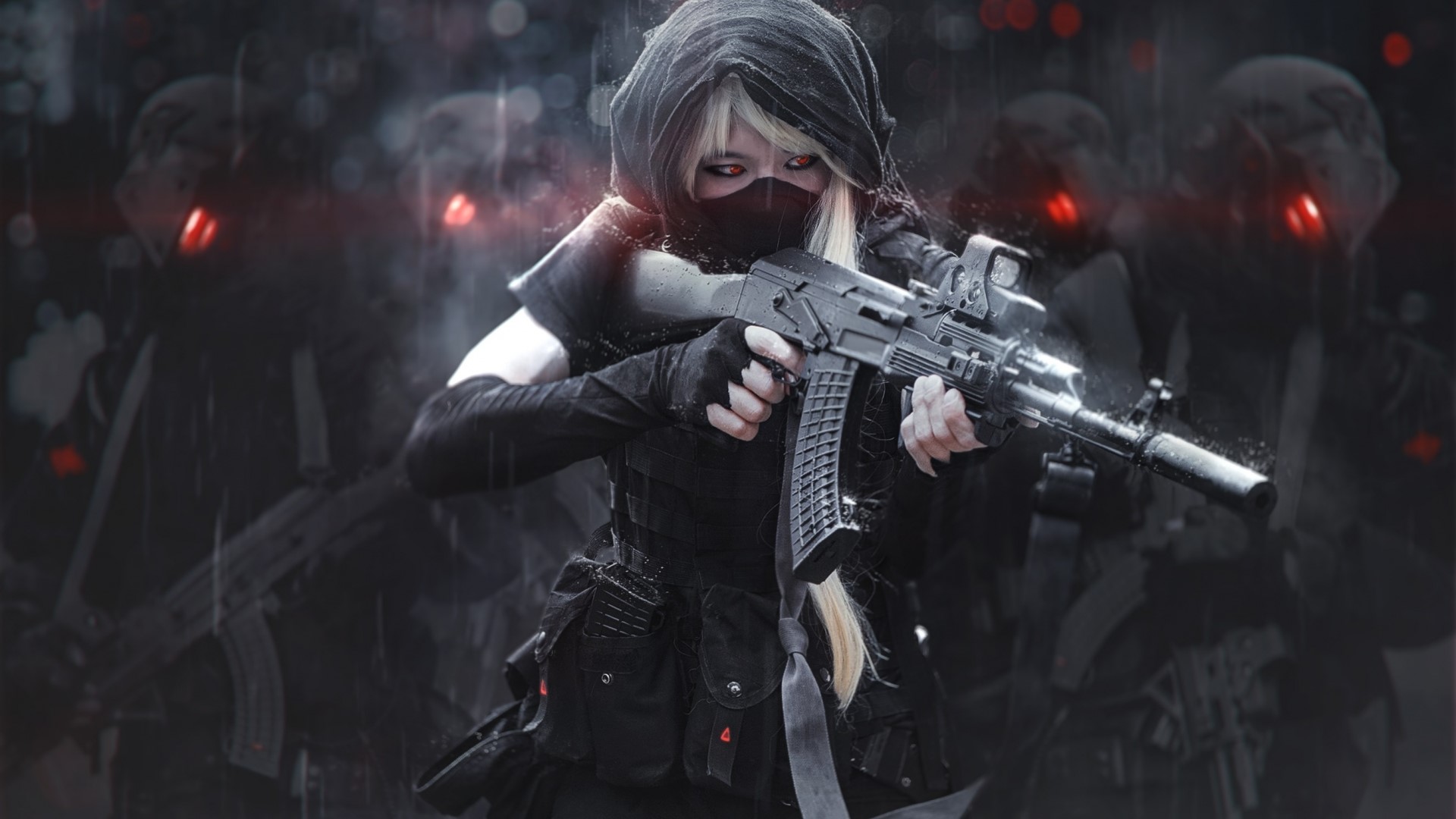Woman in tactical gear holding a rifle in the rain HD Wallpaper