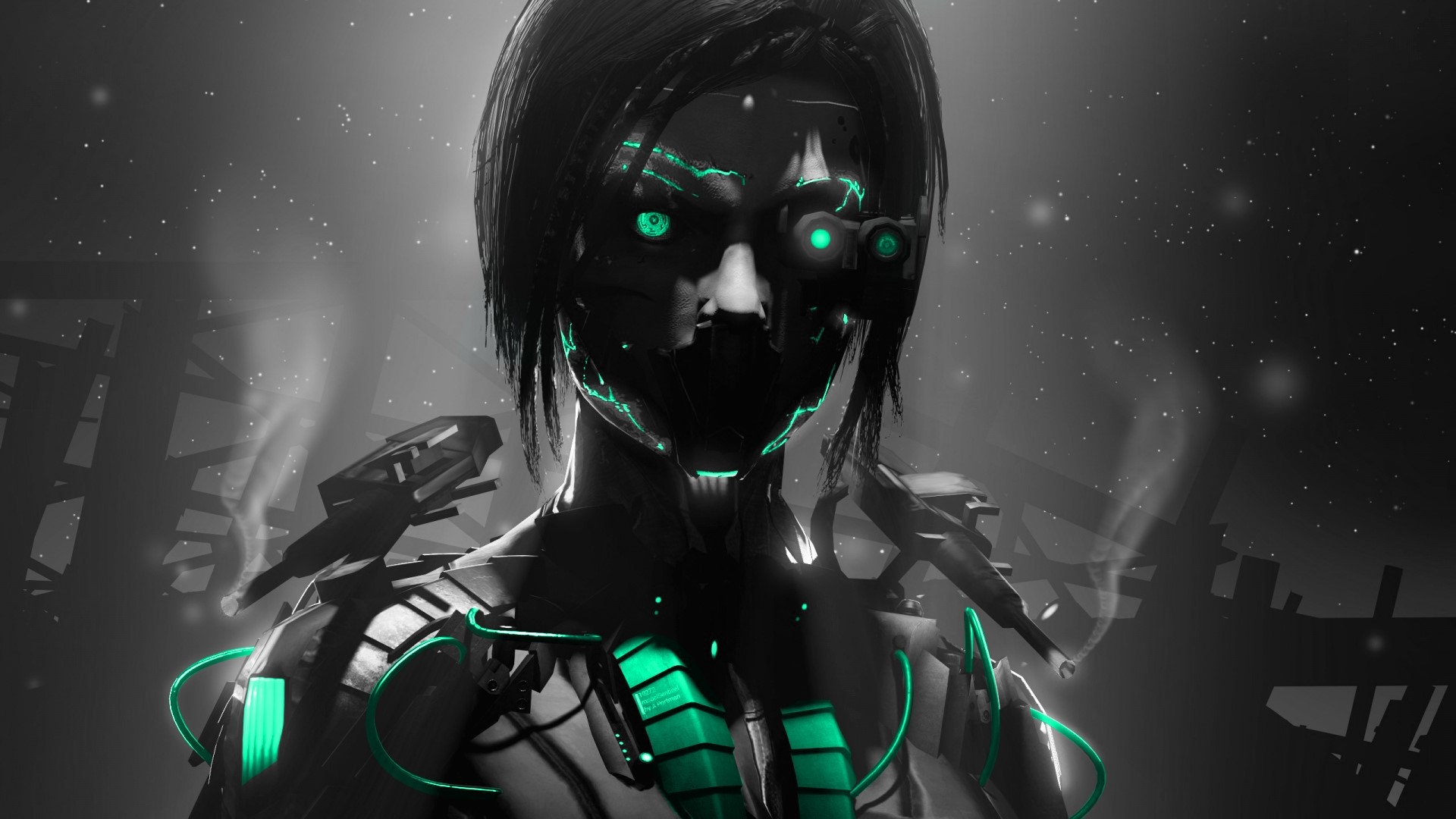 Cyborg with glowing green accents HD Wallpaper
