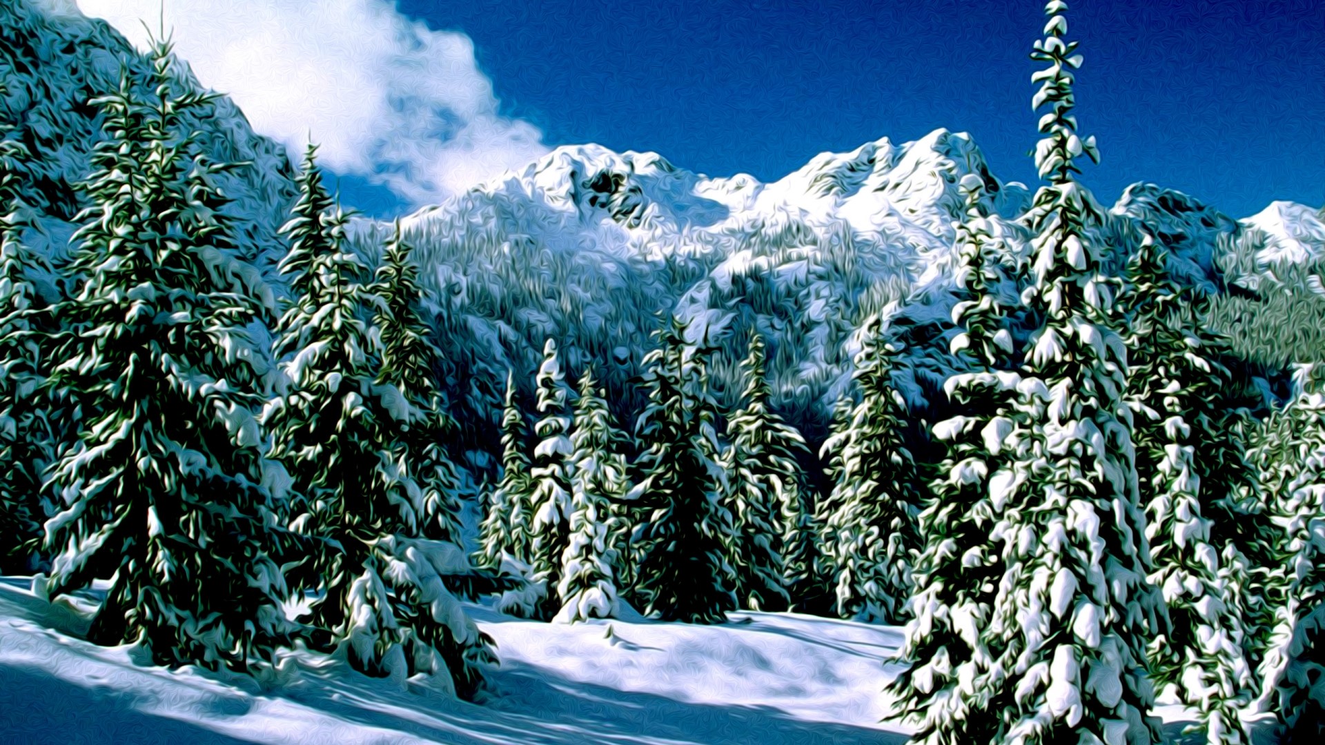 Snowy Mountains and Pine Trees HD Wallpaper