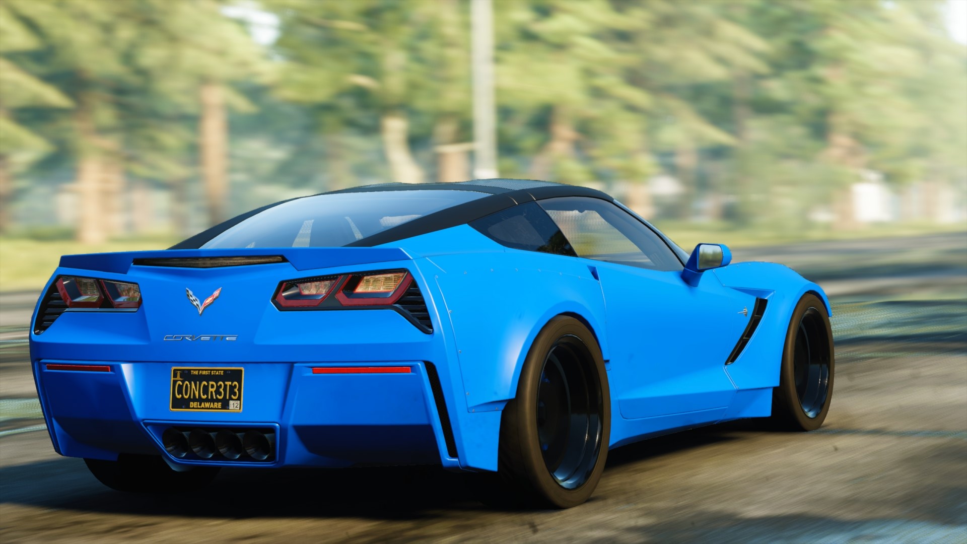 Blue Chevrolet Corvette Stingray driving on a road HD Wallpaper